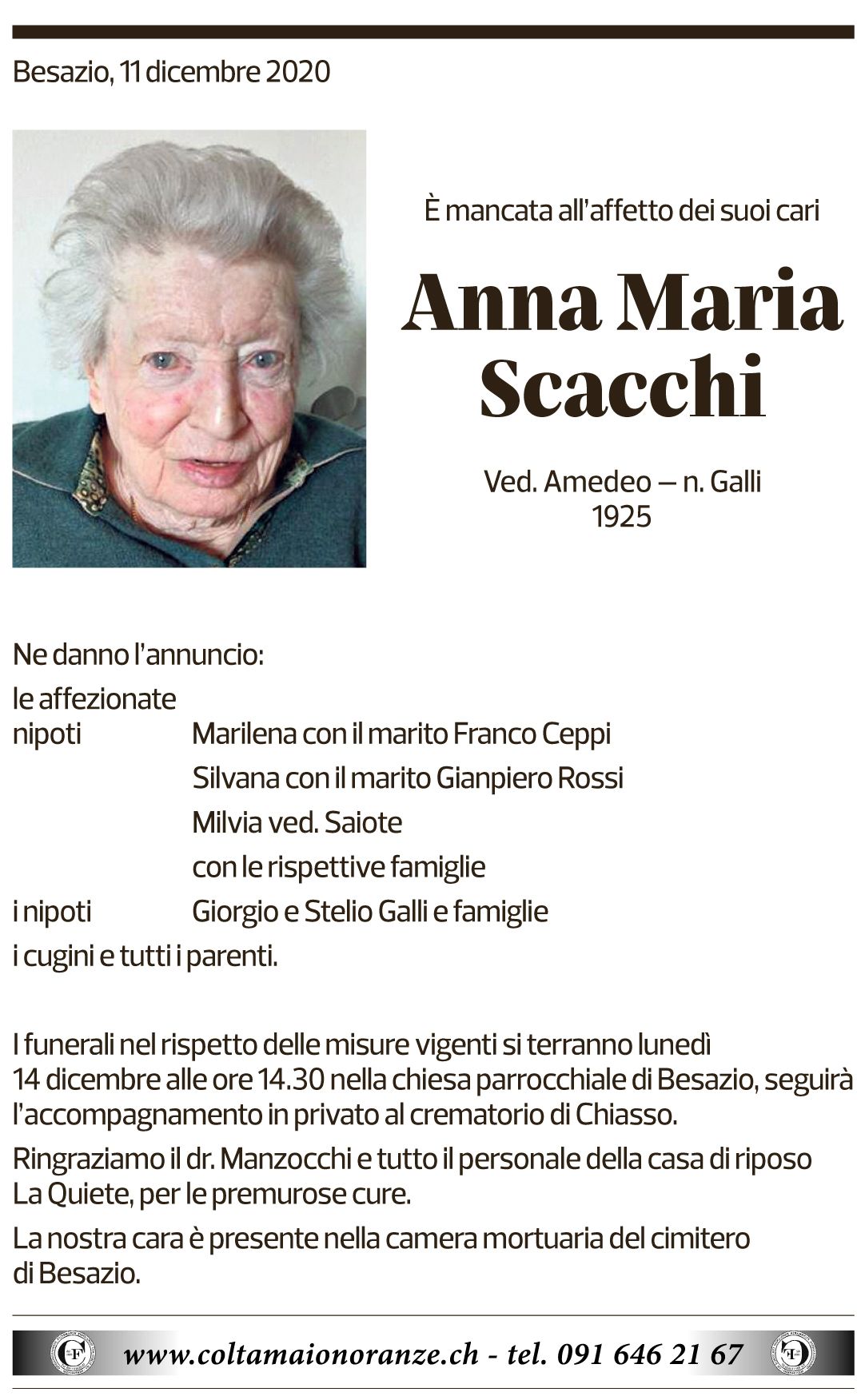 Annuncio funebre Anna Maria Scacchi