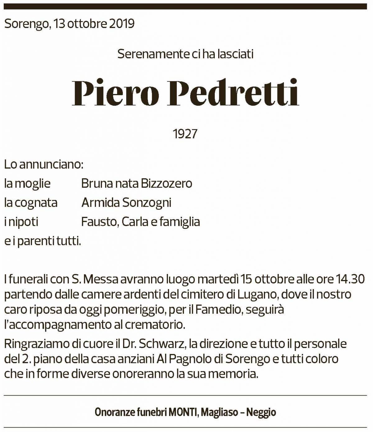 Annuncio funebre Piero Pedretti