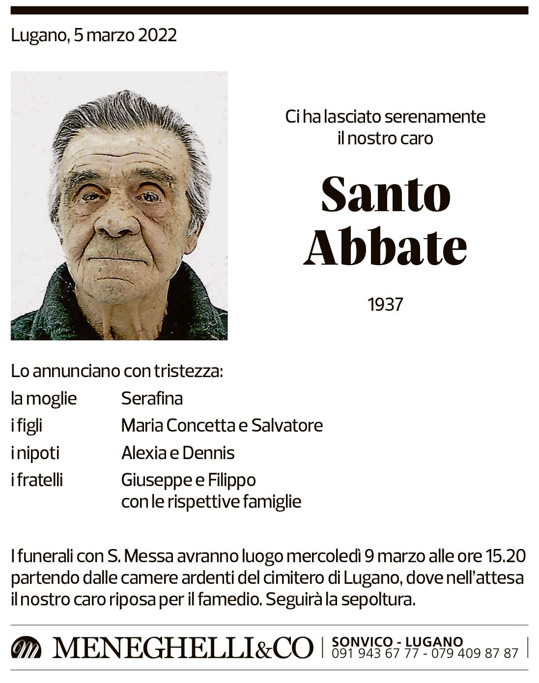 Annuncio funebre Santo Abbate