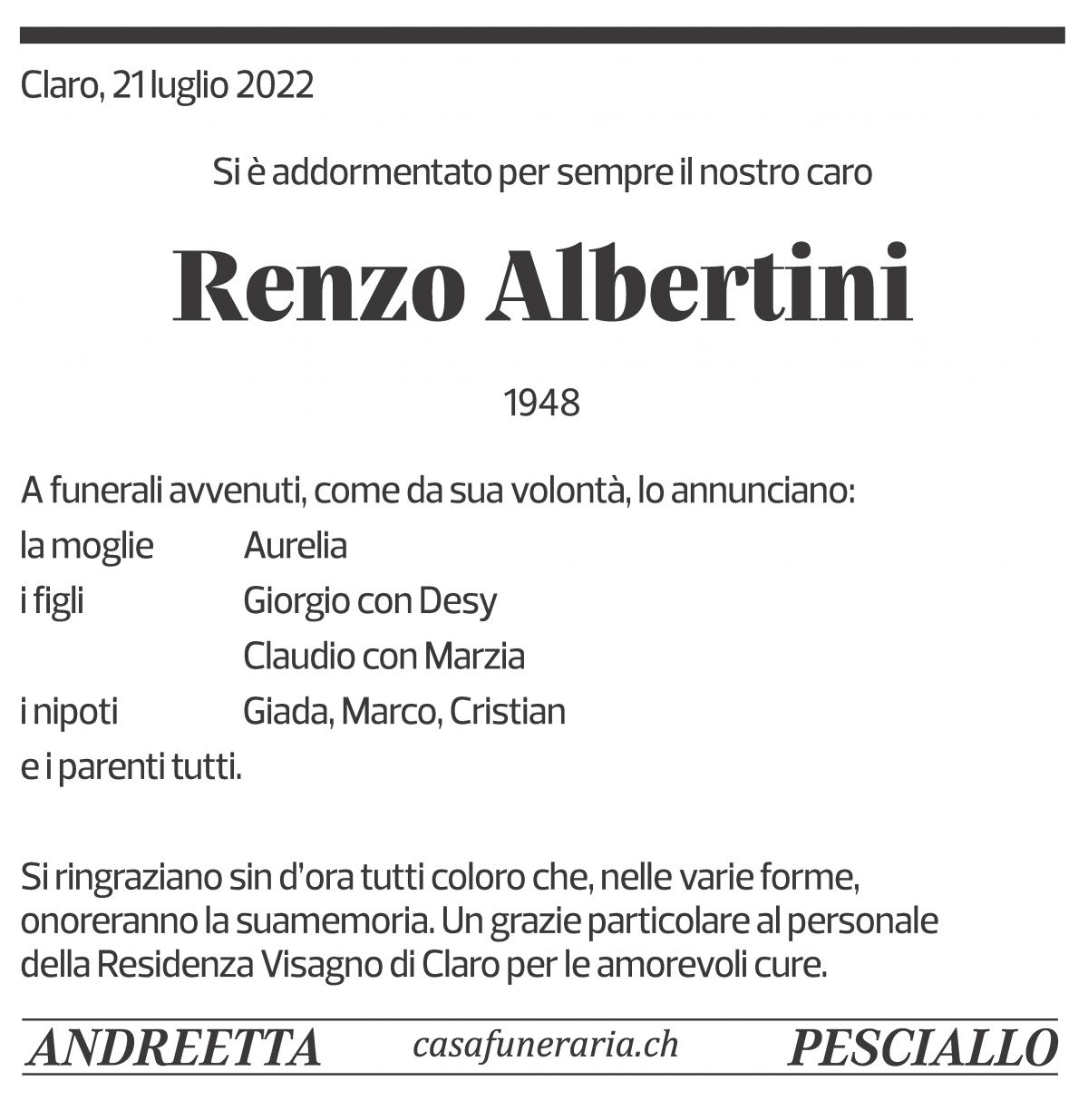 Annuncio funebre Renzo Albertini