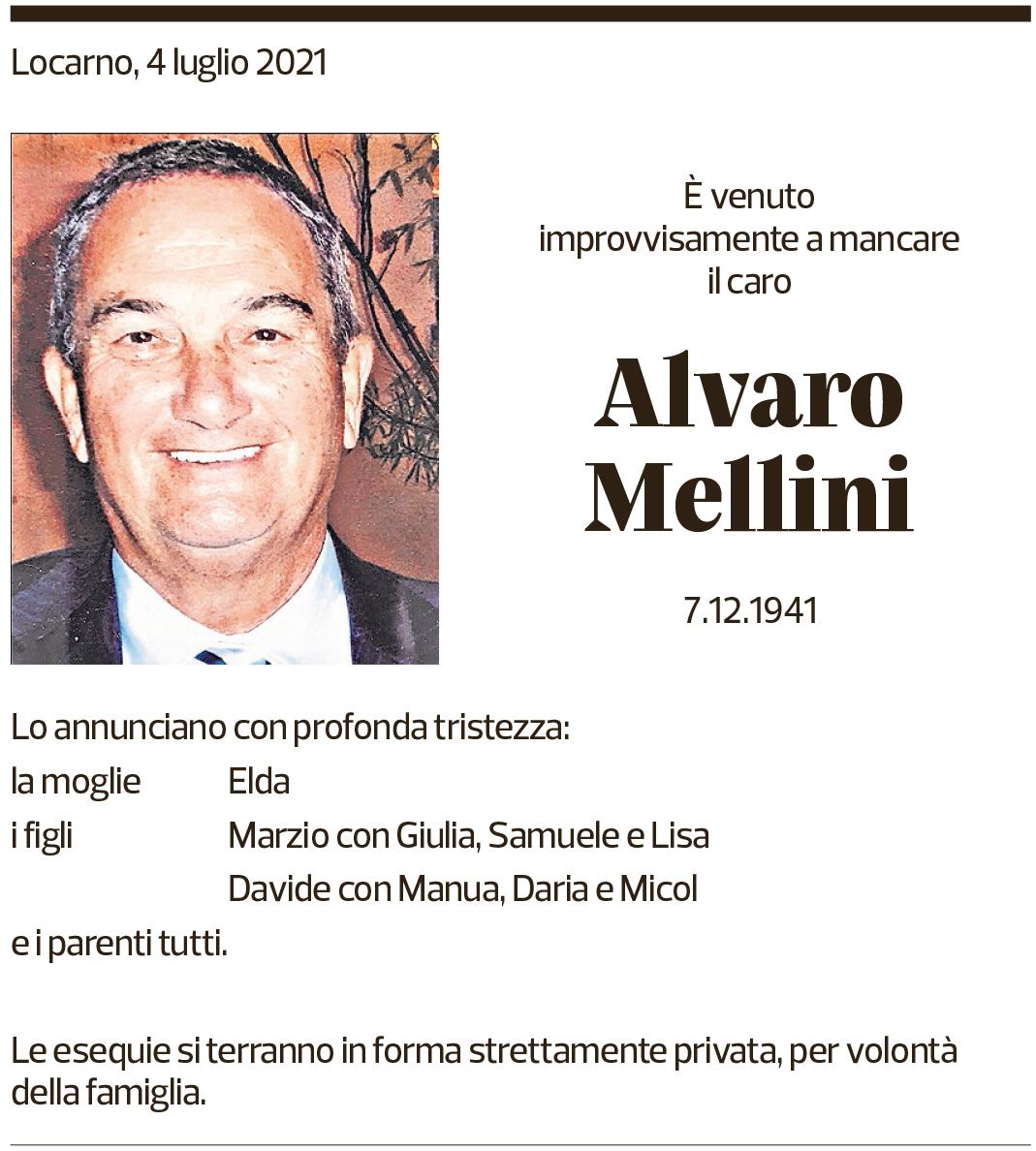 Annuncio funebre Alvaro Mellini