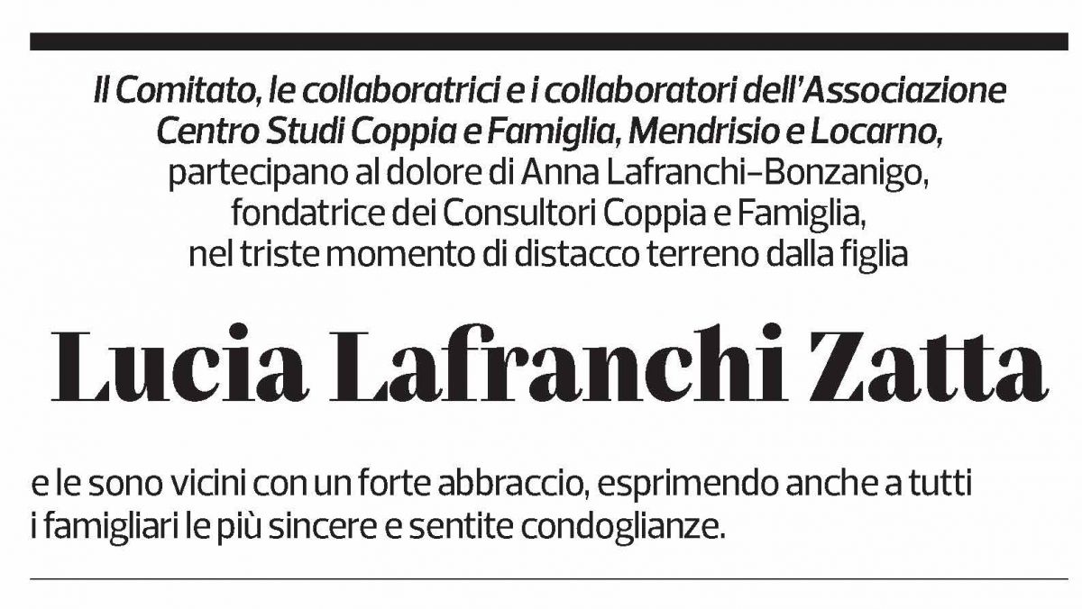 Annuncio funebre Lucia Lafranchi Zatta
