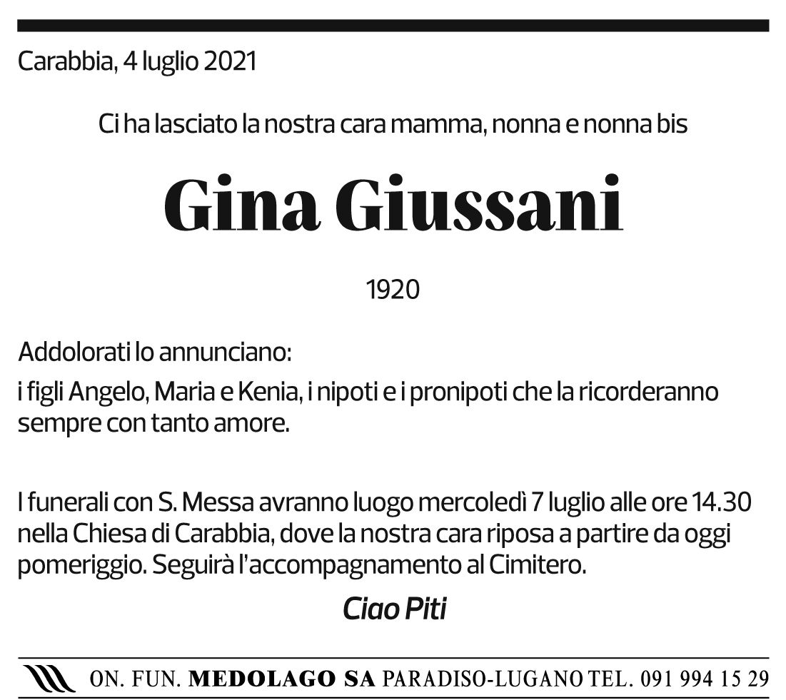 Annuncio funebre Gina Giussani