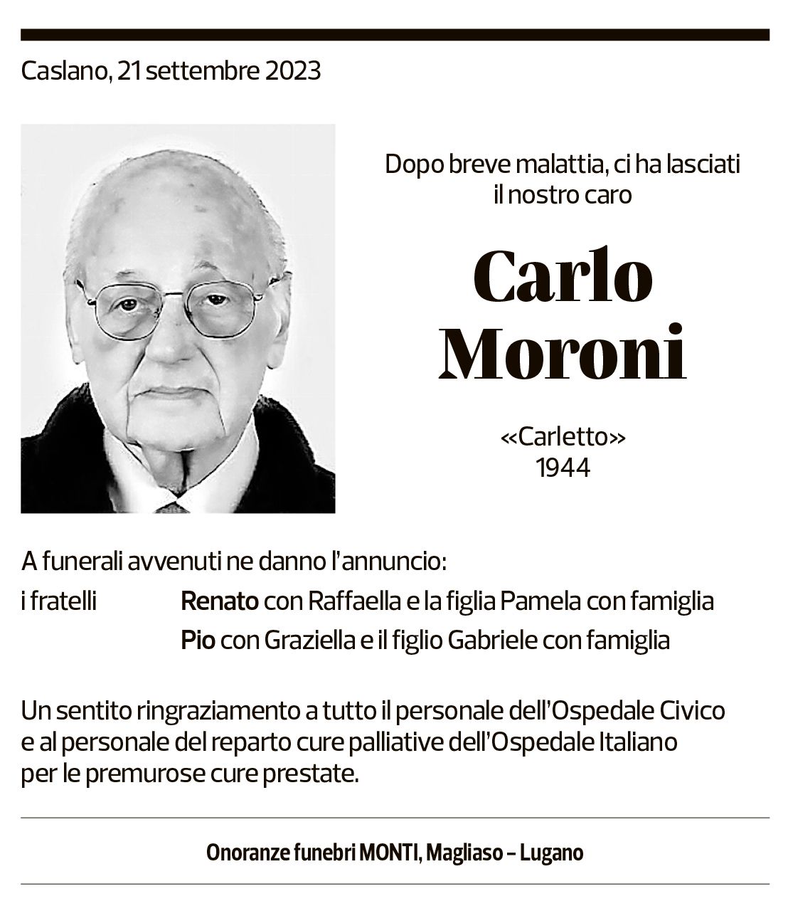 Annuncio funebre Carlo Moroni