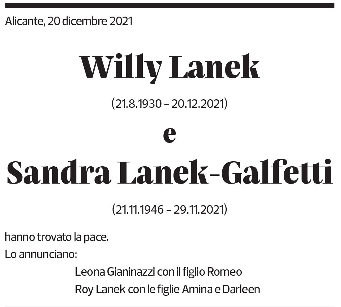 Annuncio funebre Willi Sandra Lanek