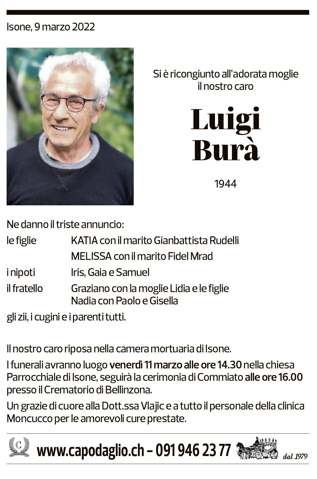 Annuncio funebre Luigi Burà