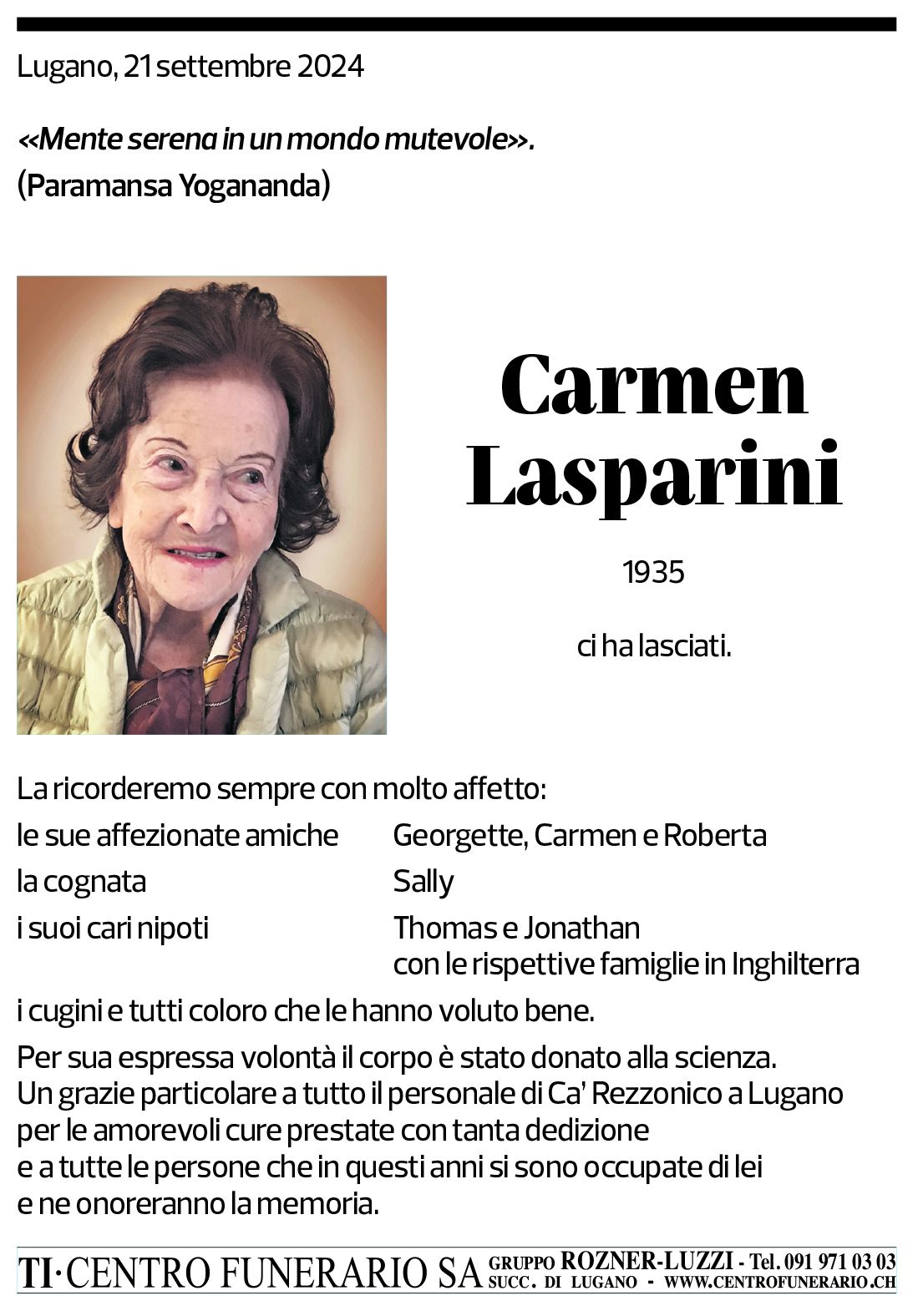 Annuncio funebre Carmen Lasparini