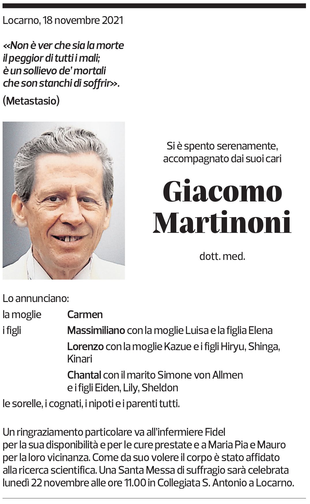 Annuncio funebre Giacomo Martinoni