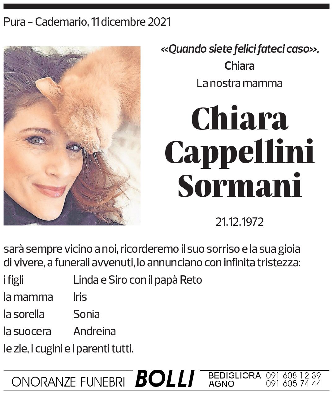 Annuncio funebre Chiara Cappellini Sormani