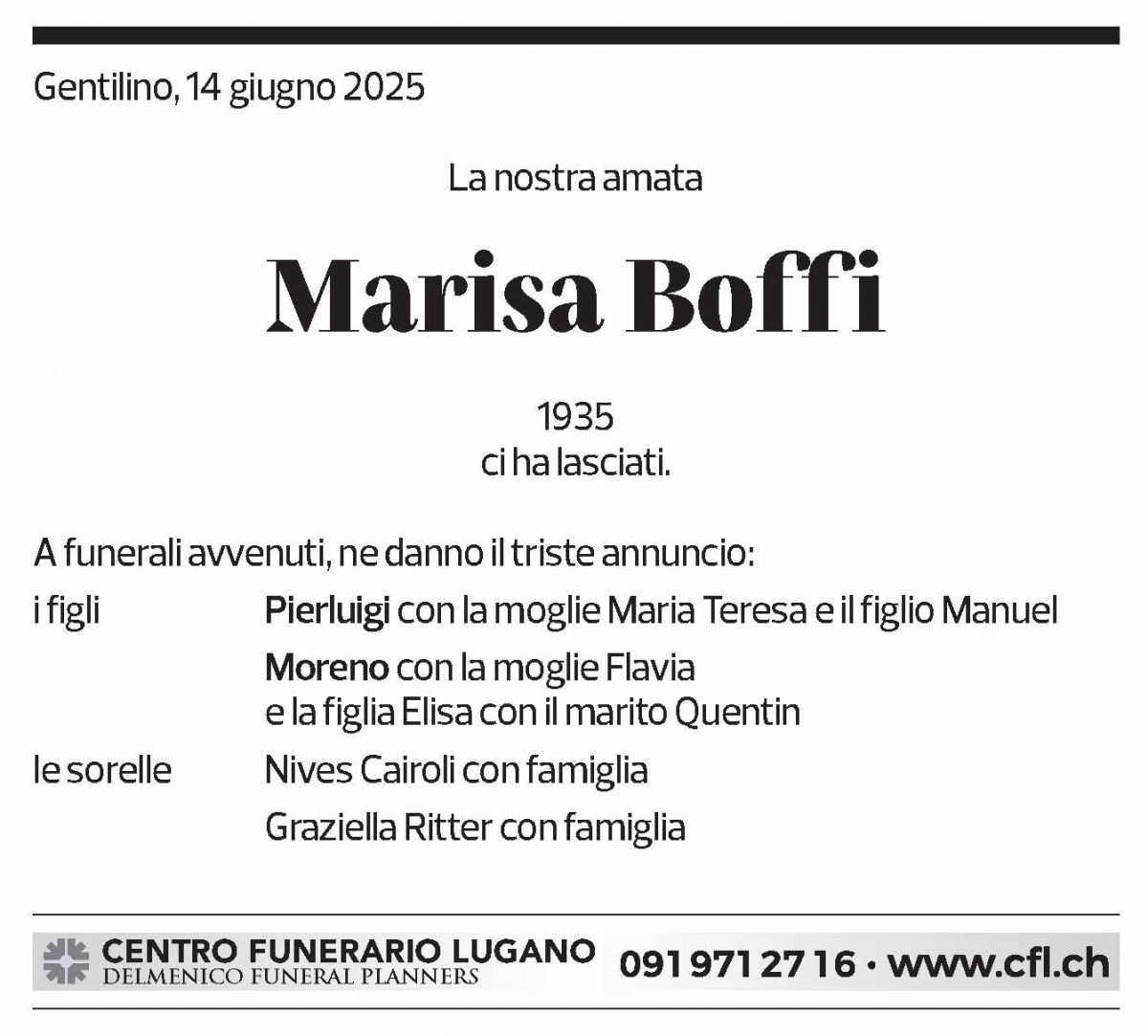 Annuncio funebre Marisa Boffi