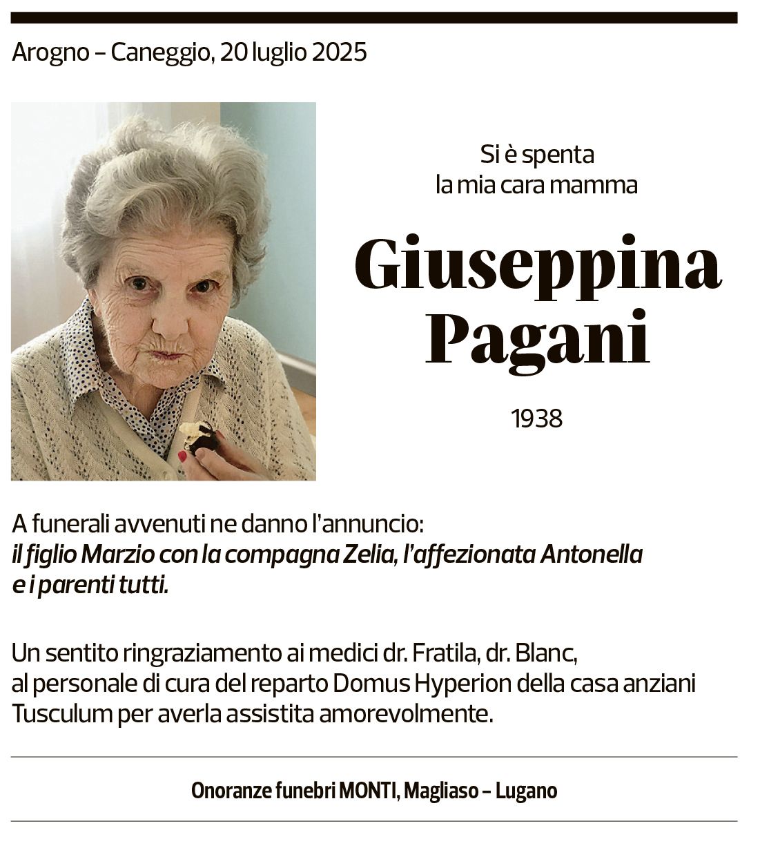 Annuncio funebre Giuseppina Pagani