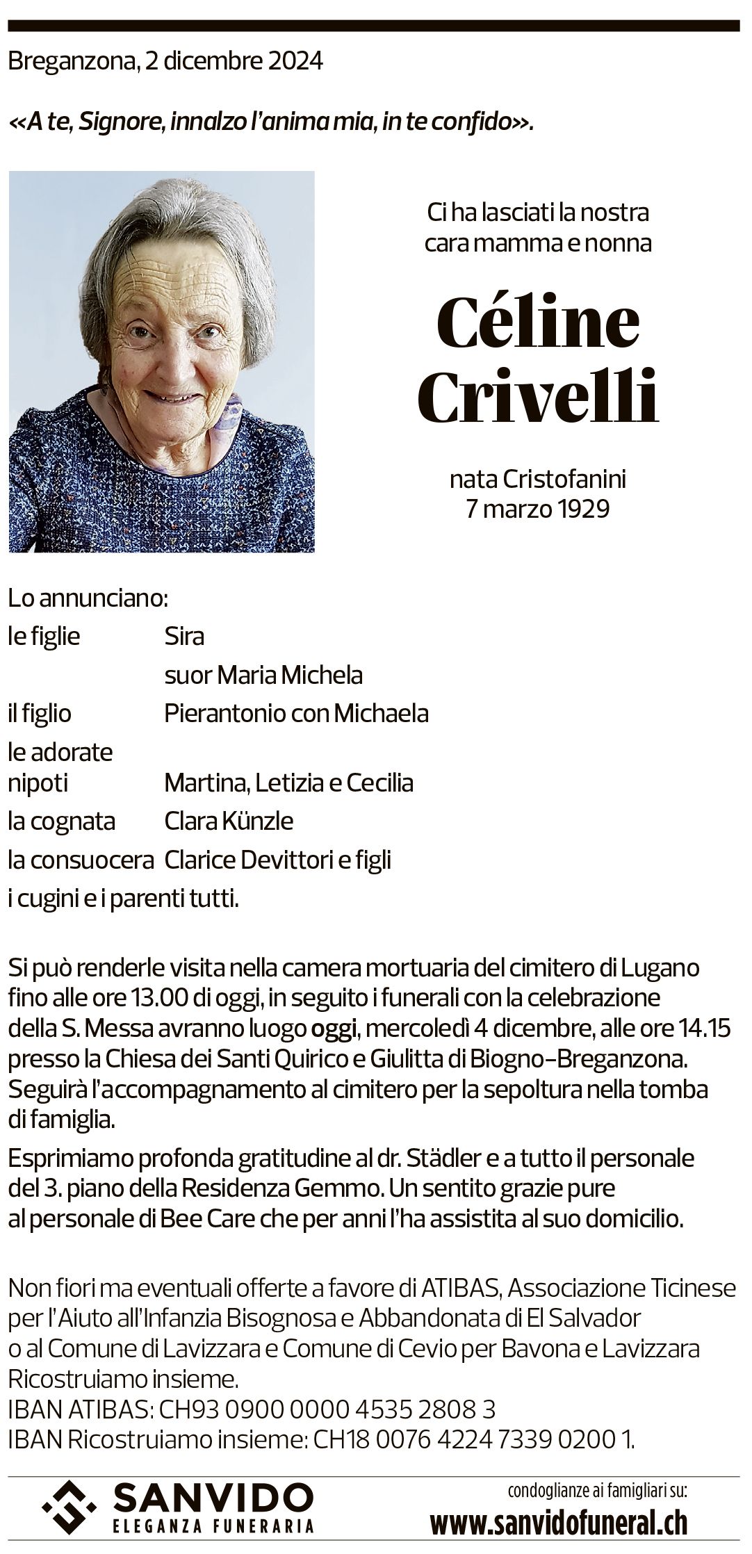 Annuncio funebre Céline Crivelli