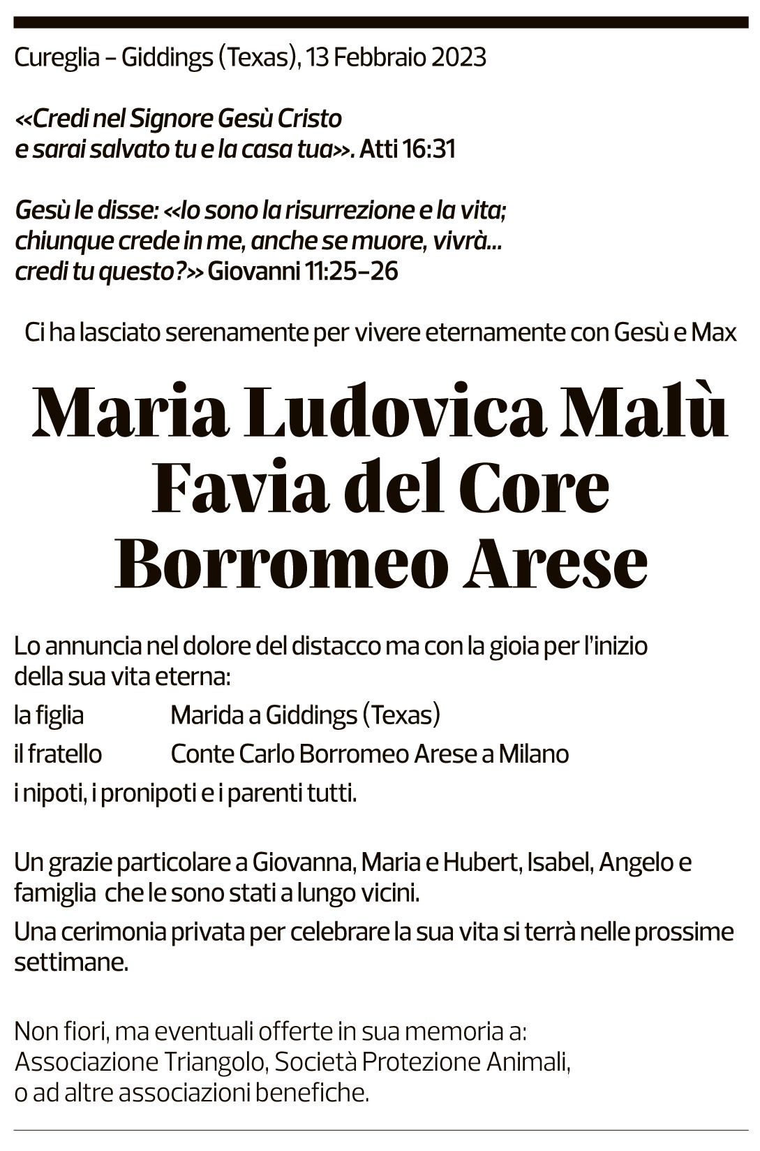 Annuncio funebre Maria Ludovica Malù Favia Del Core Borromeo Arese