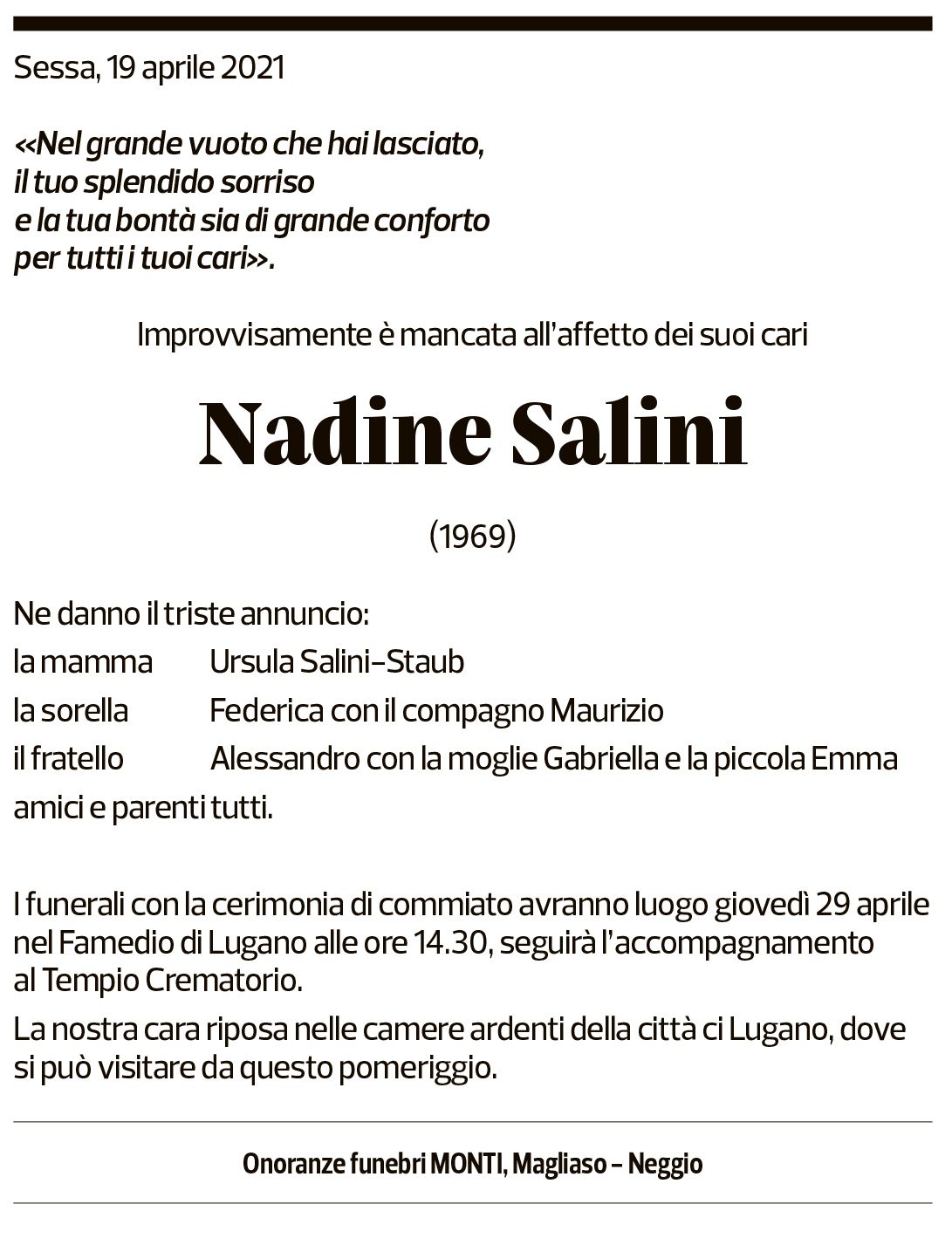 Annuncio funebre Nadine Salini