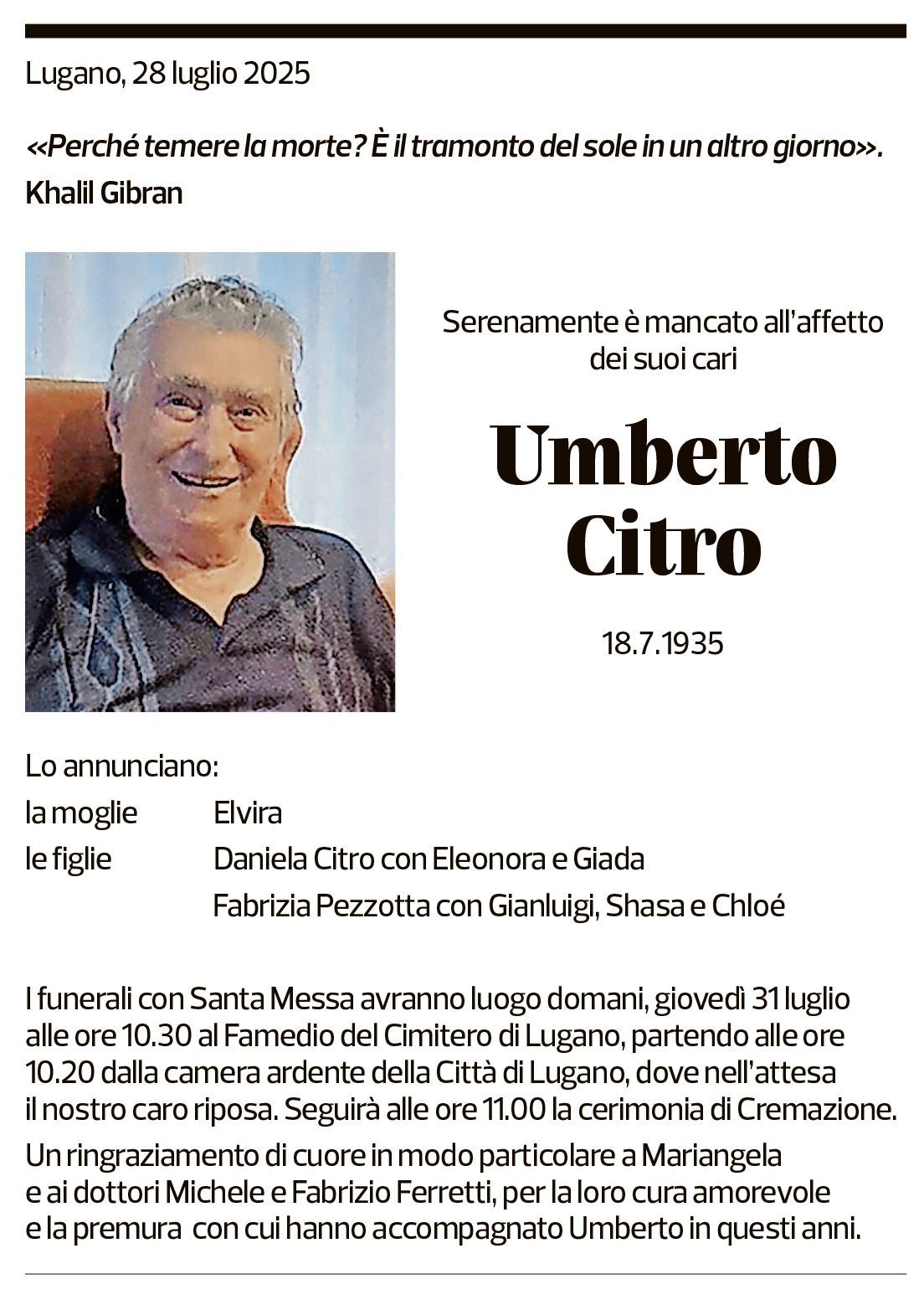 Annuncio funebre Umberto Citro