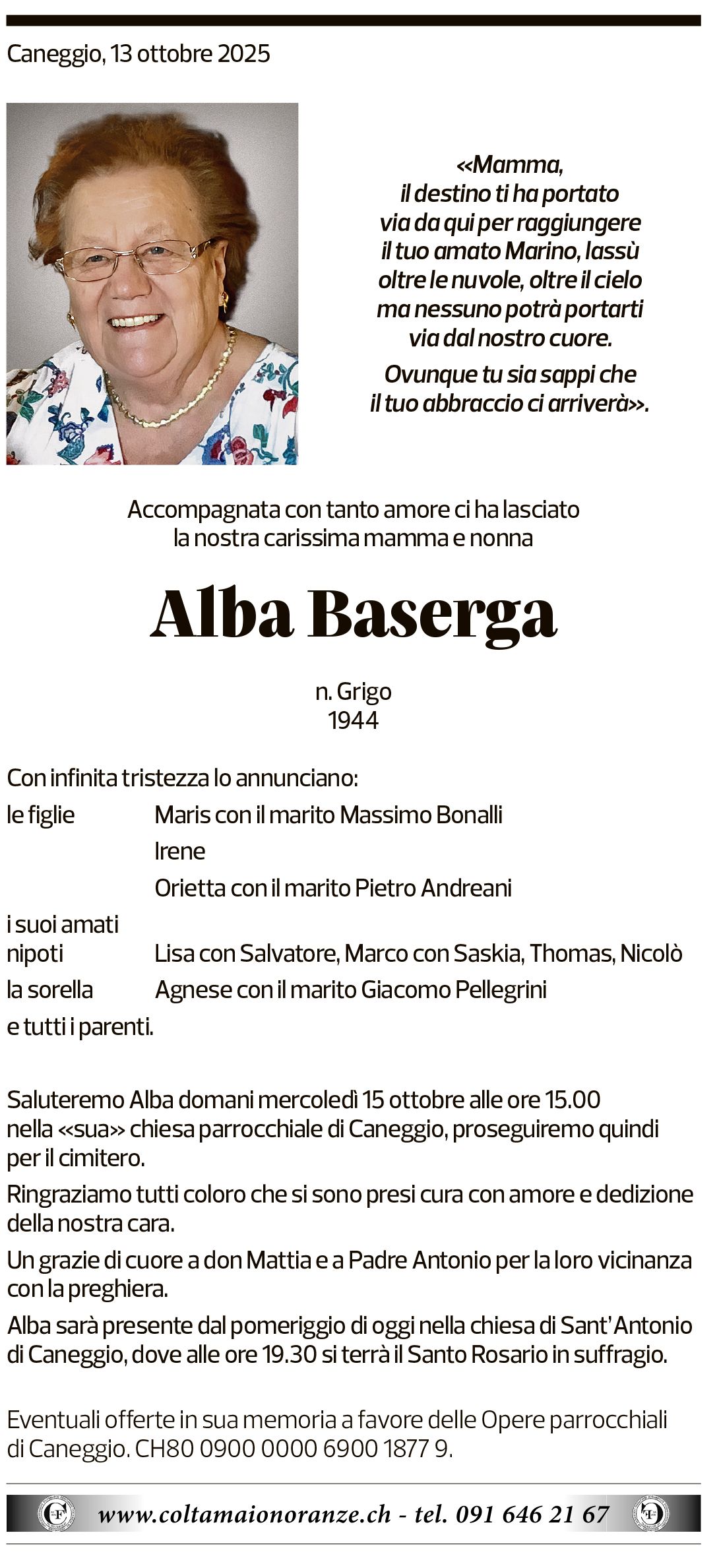 Annuncio funebre Alba Baserga