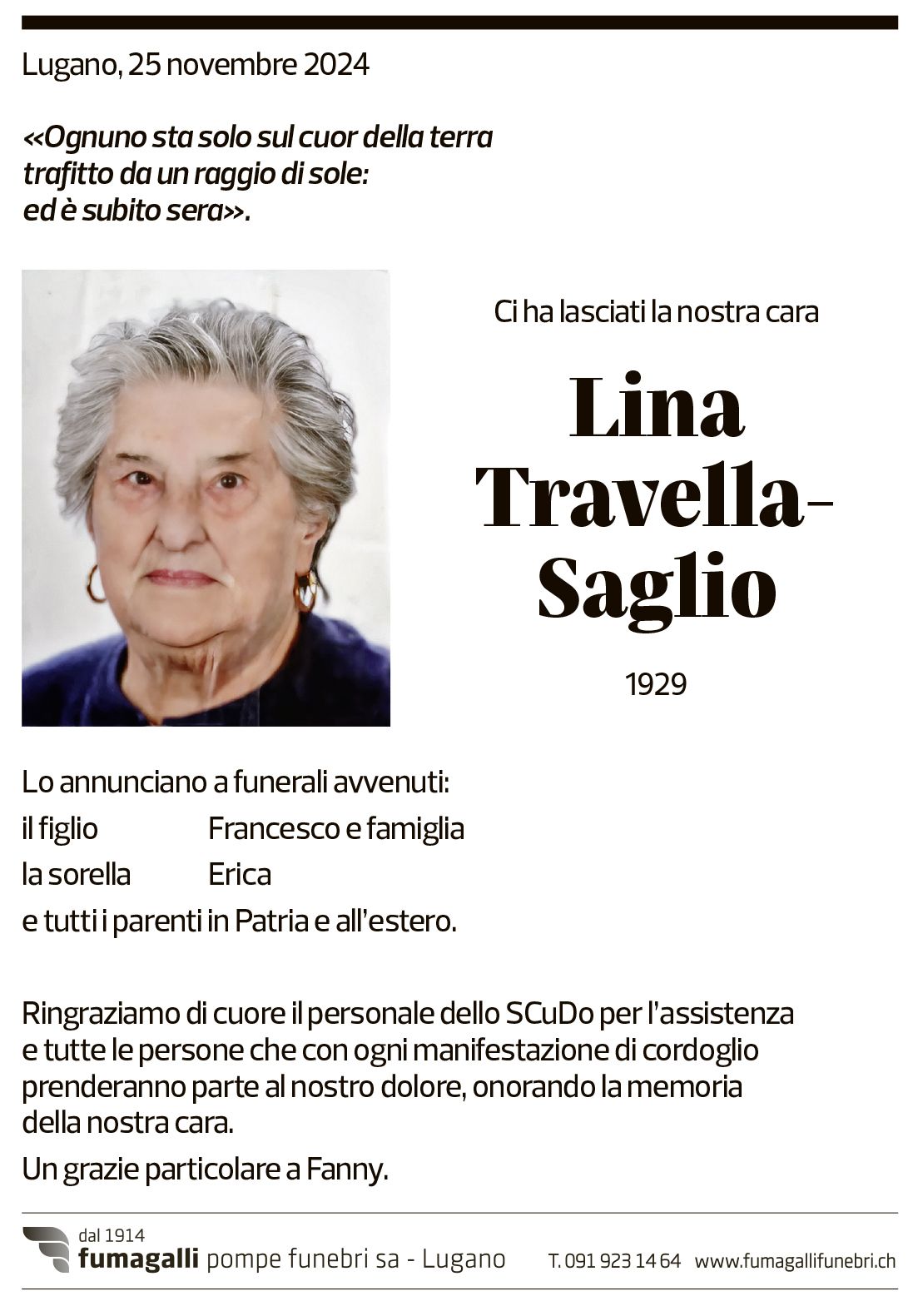 Annuncio funebre Lina Travella-saglio