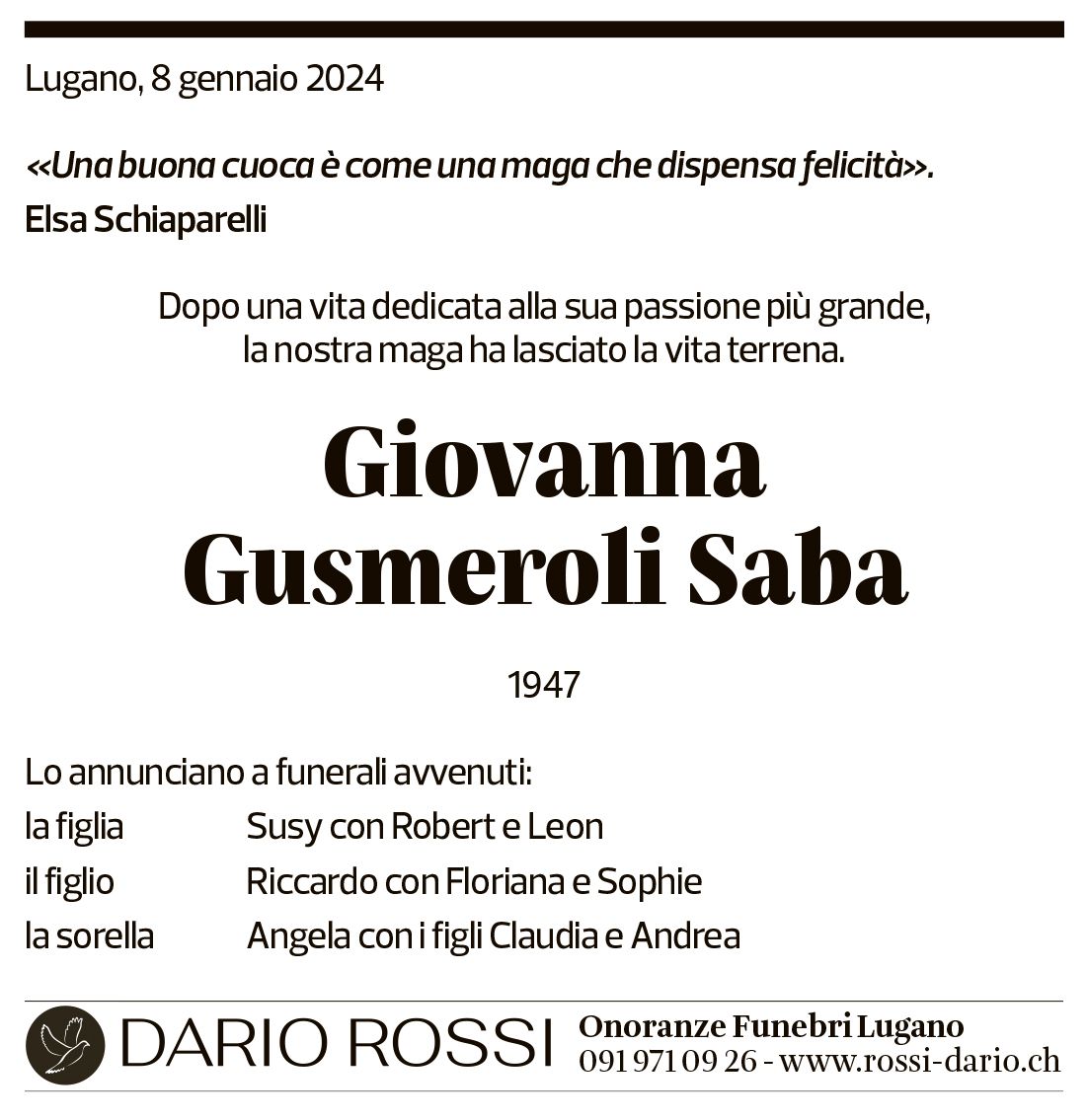 Annuncio funebre Giovanna Gusmeroli Saba