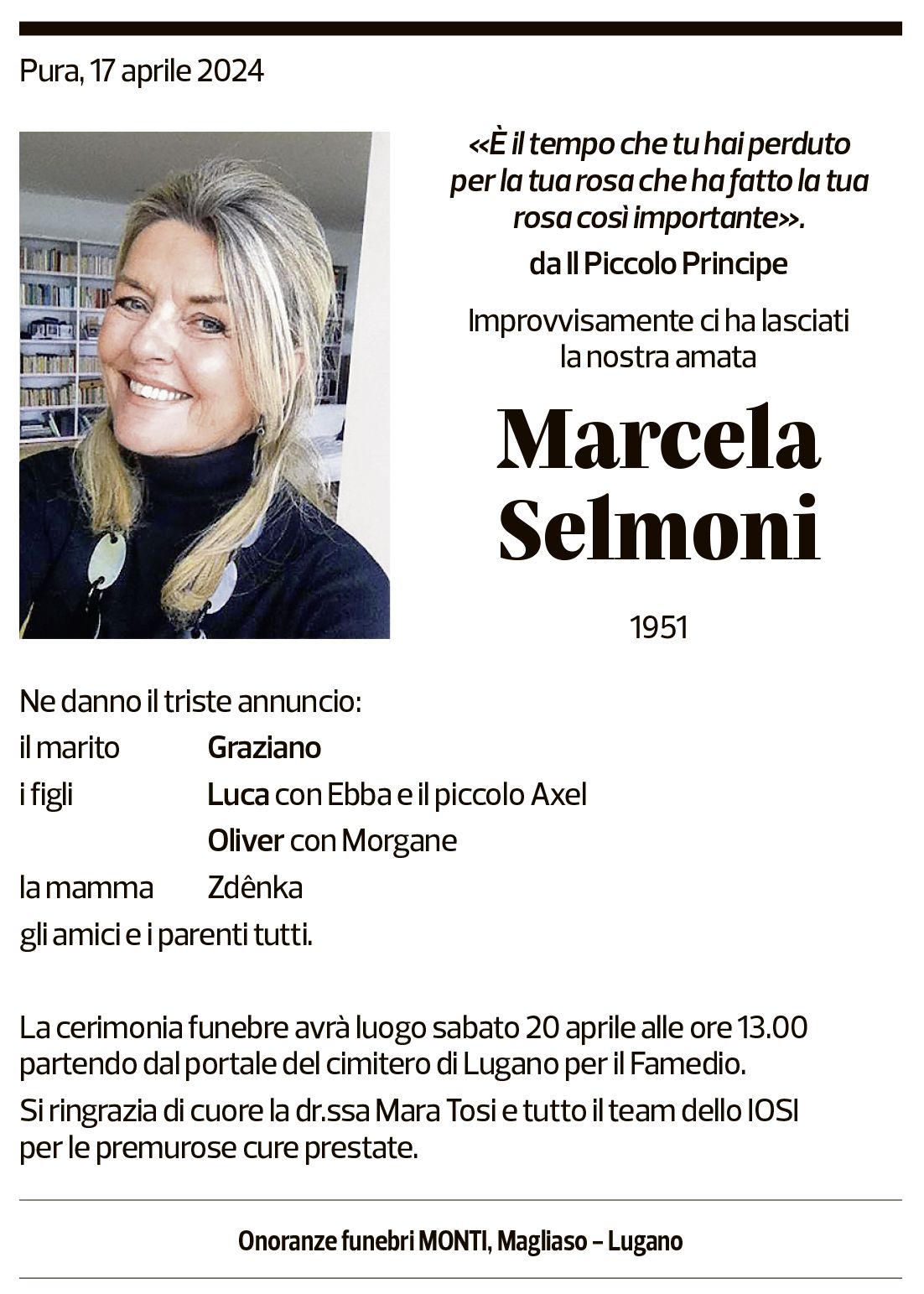 Annuncio funebre Marcela Selmoni