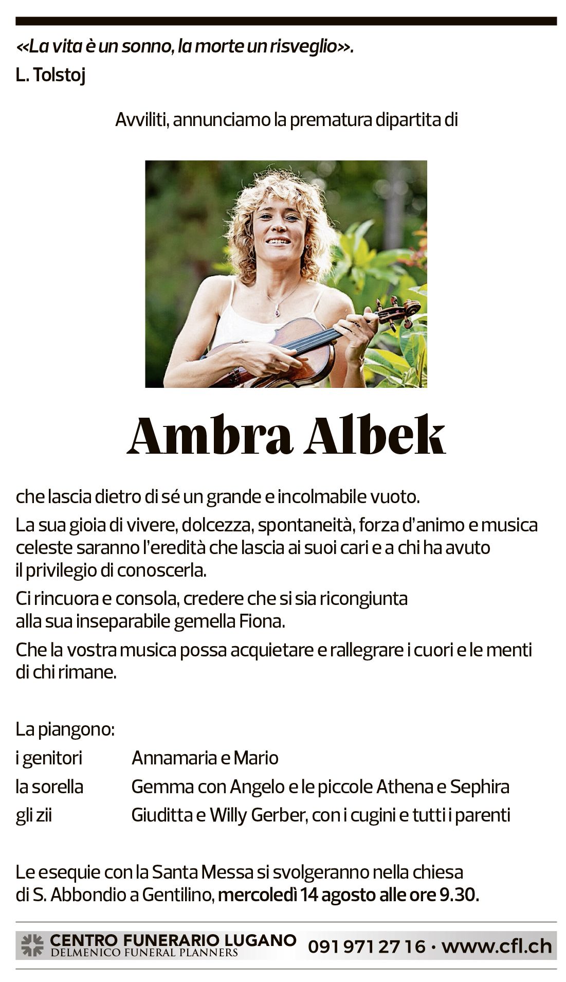 Annuncio funebre Ambra Albek