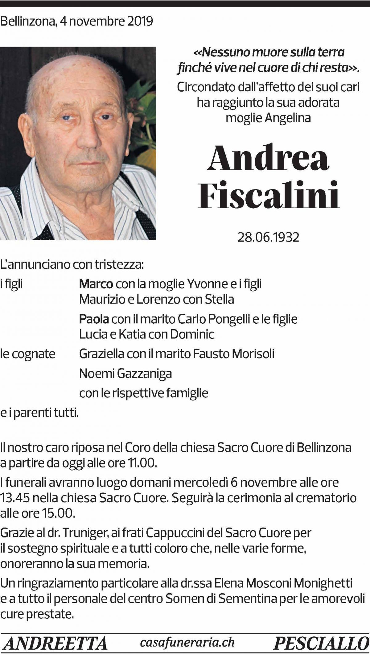 Annuncio funebre Andrea Fiscalini