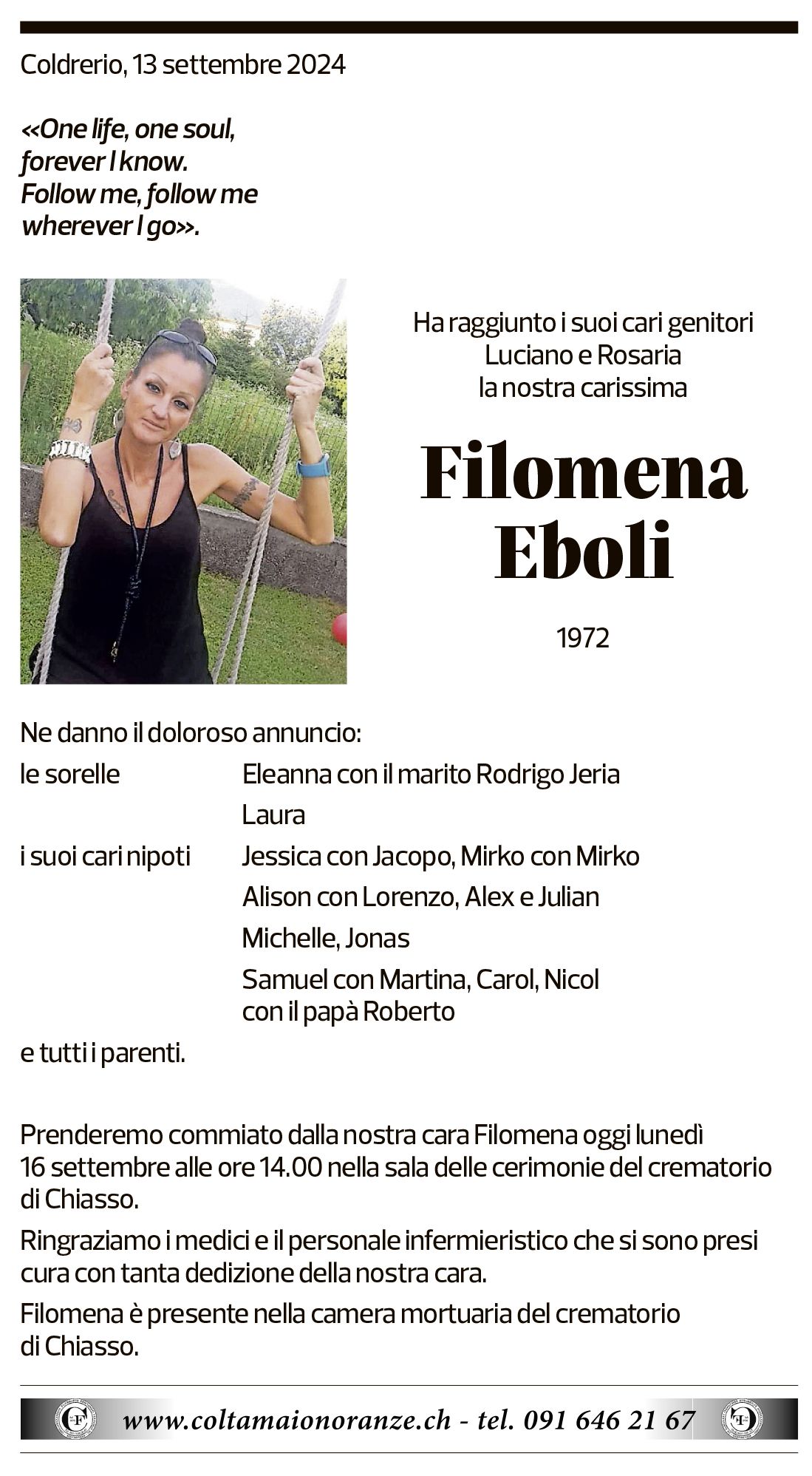 Annuncio funebre Filomena Eboli