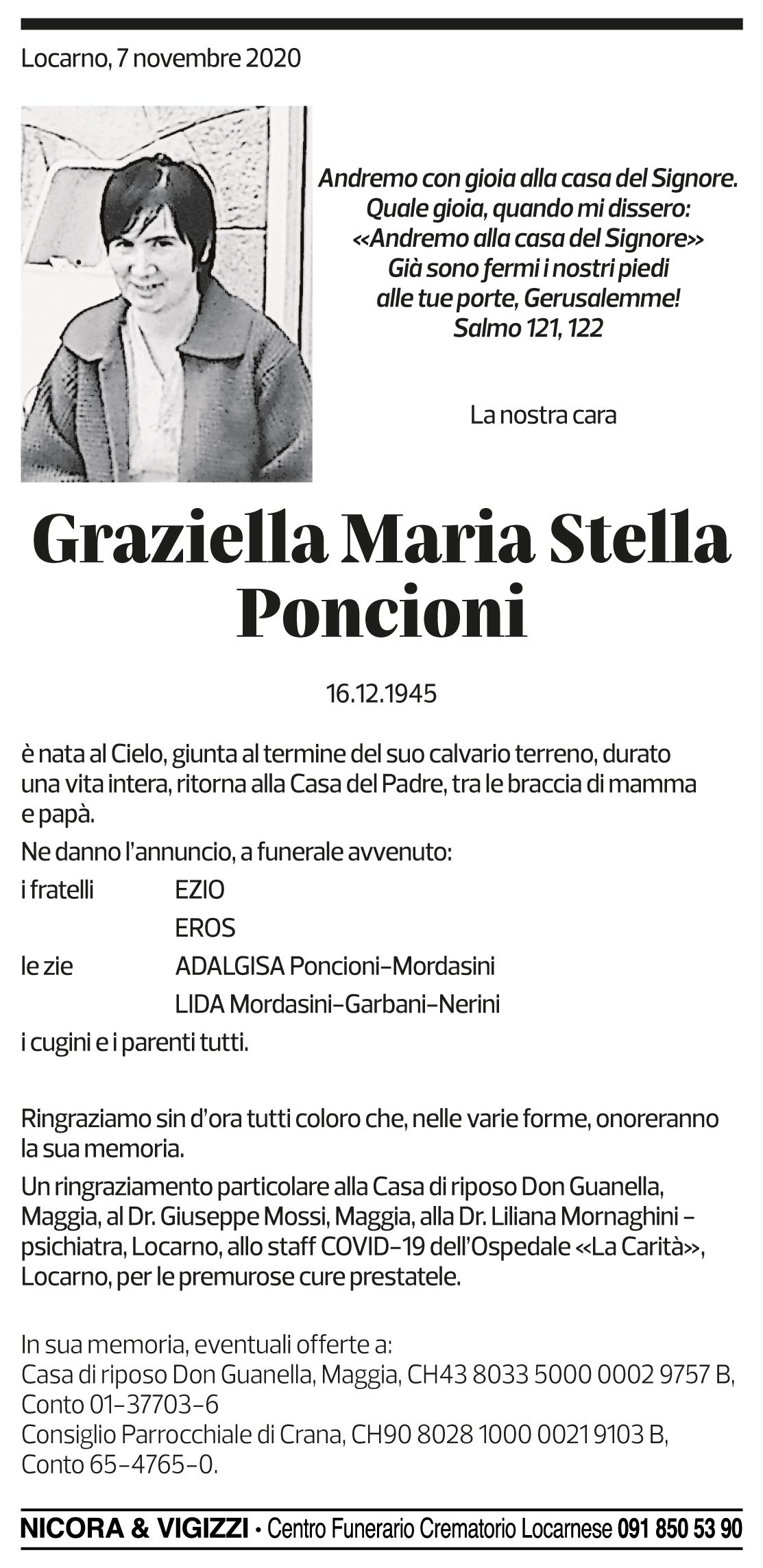 Annuncio funebre Graziella Maria Stella Poncioni