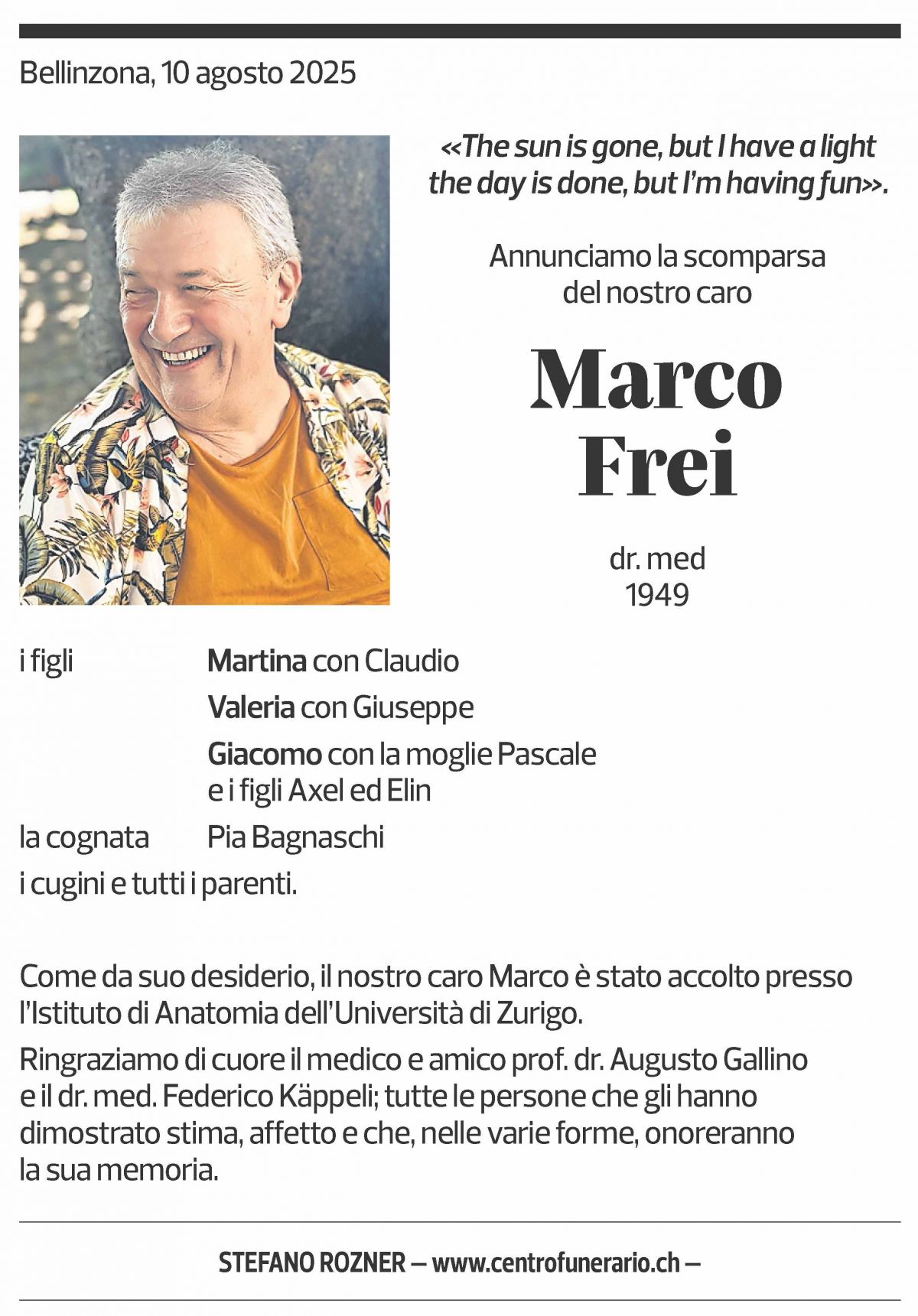 Annuncio funebre Marco Frei
