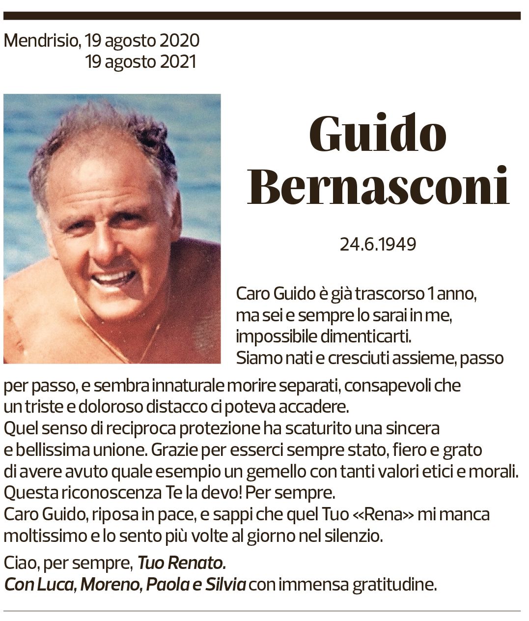 Annuncio funebre Guido Bernasconi