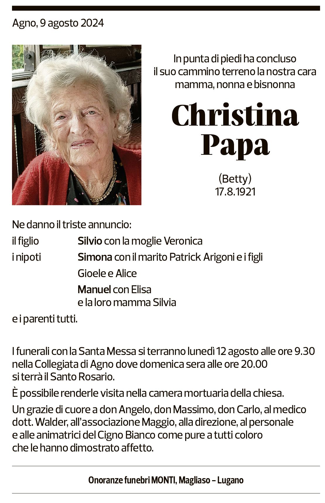 Annuncio funebre Christina Papa