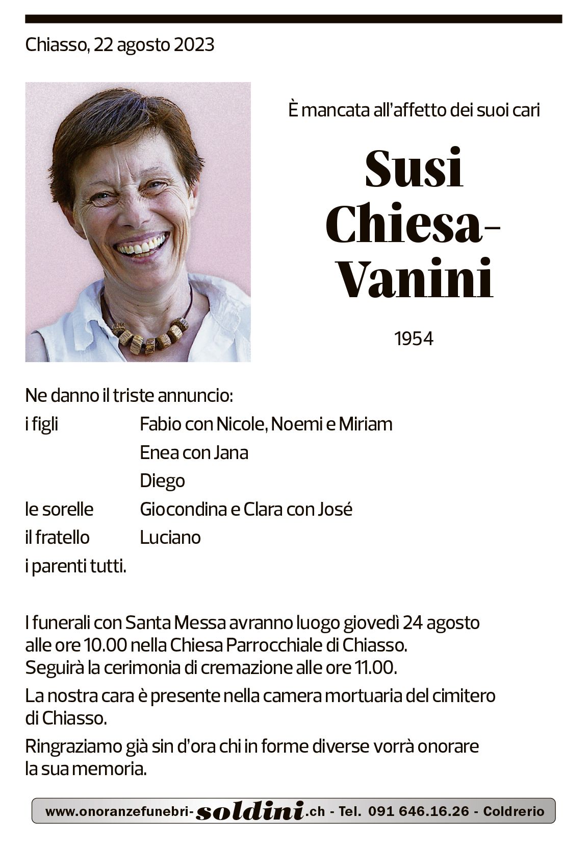 Annuncio funebre Susi Chiesa-vanini