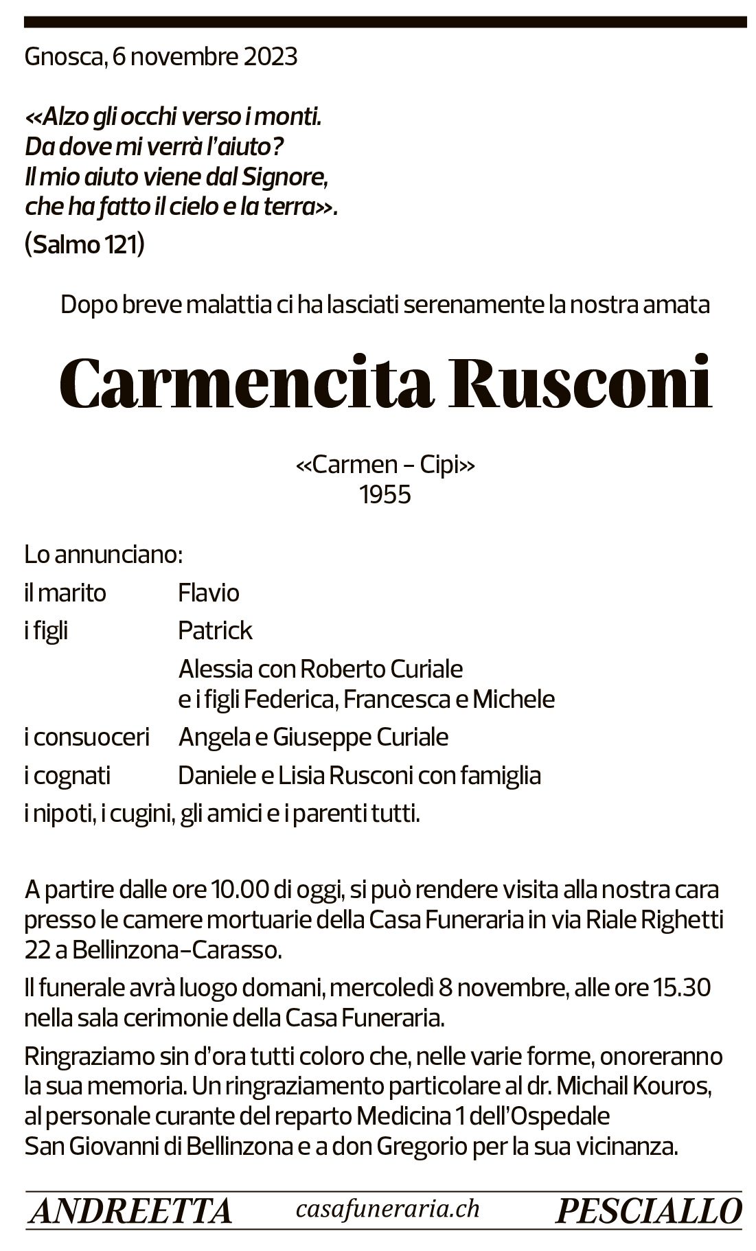 Annuncio funebre Carmencita Rusconi