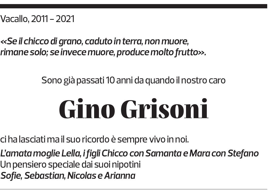 Annuncio funebre Gino Grisoni