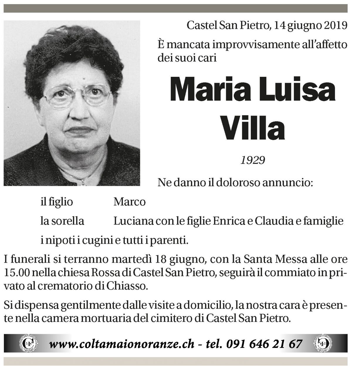 Annuncio funebre Maria Luisa Villa