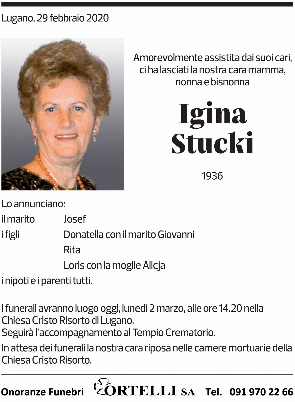 Annuncio funebre Igina Stucki