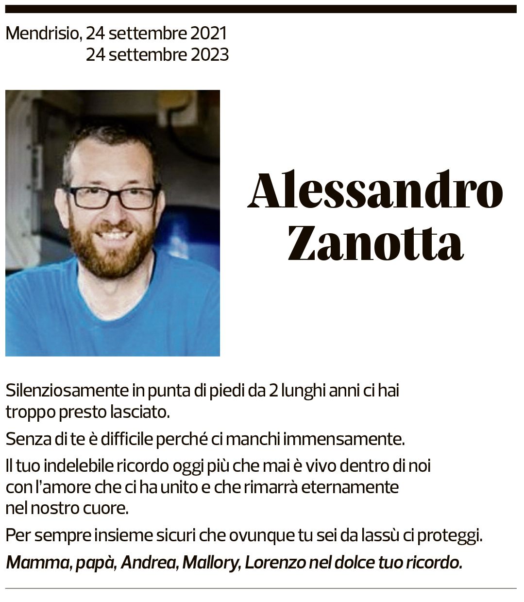 Annuncio funebre Alessandro Zanotta