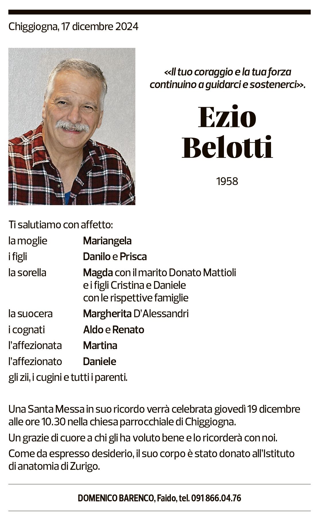 Annuncio funebre Ezio Belotti