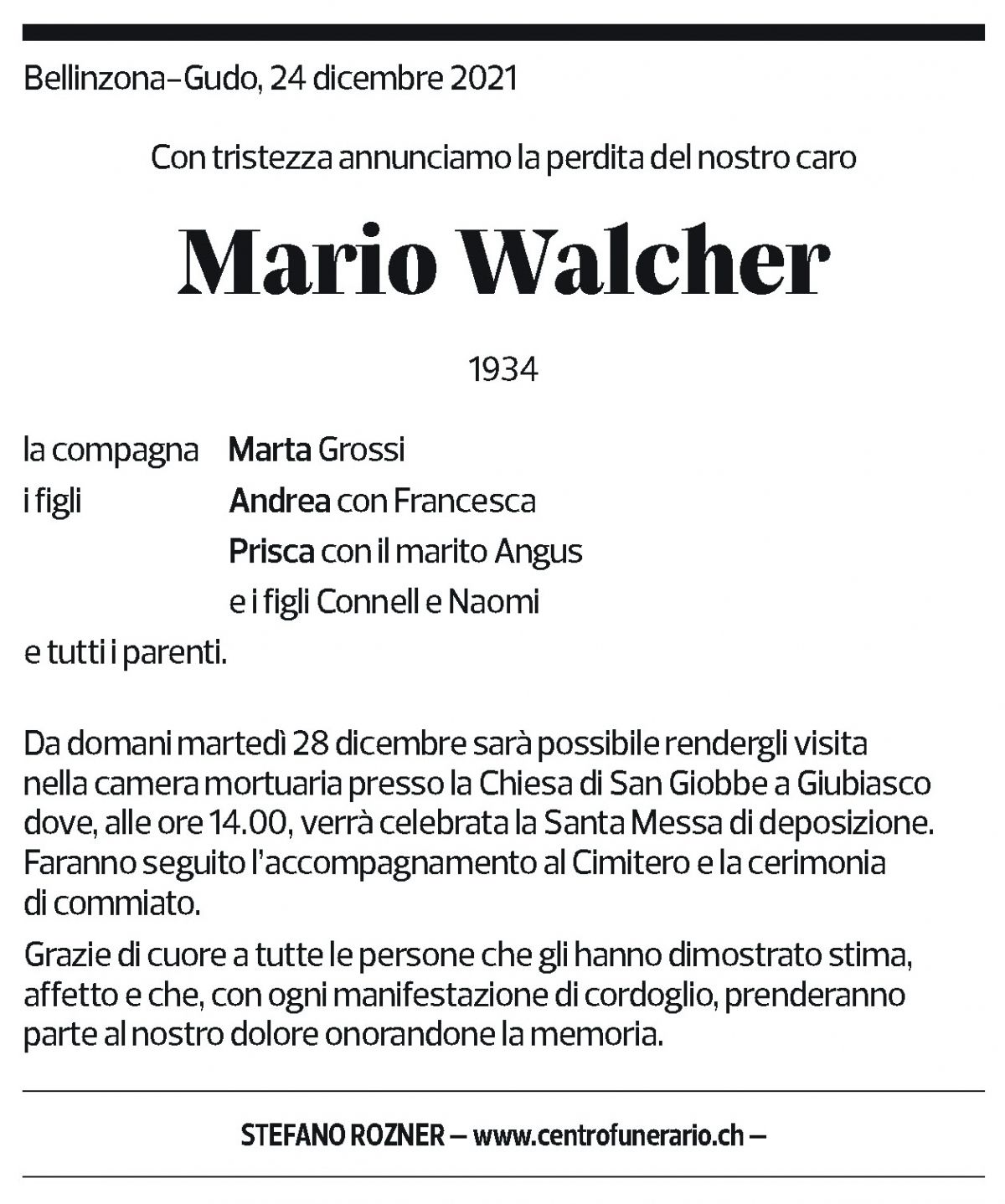 Annuncio funebre Mario Walcher