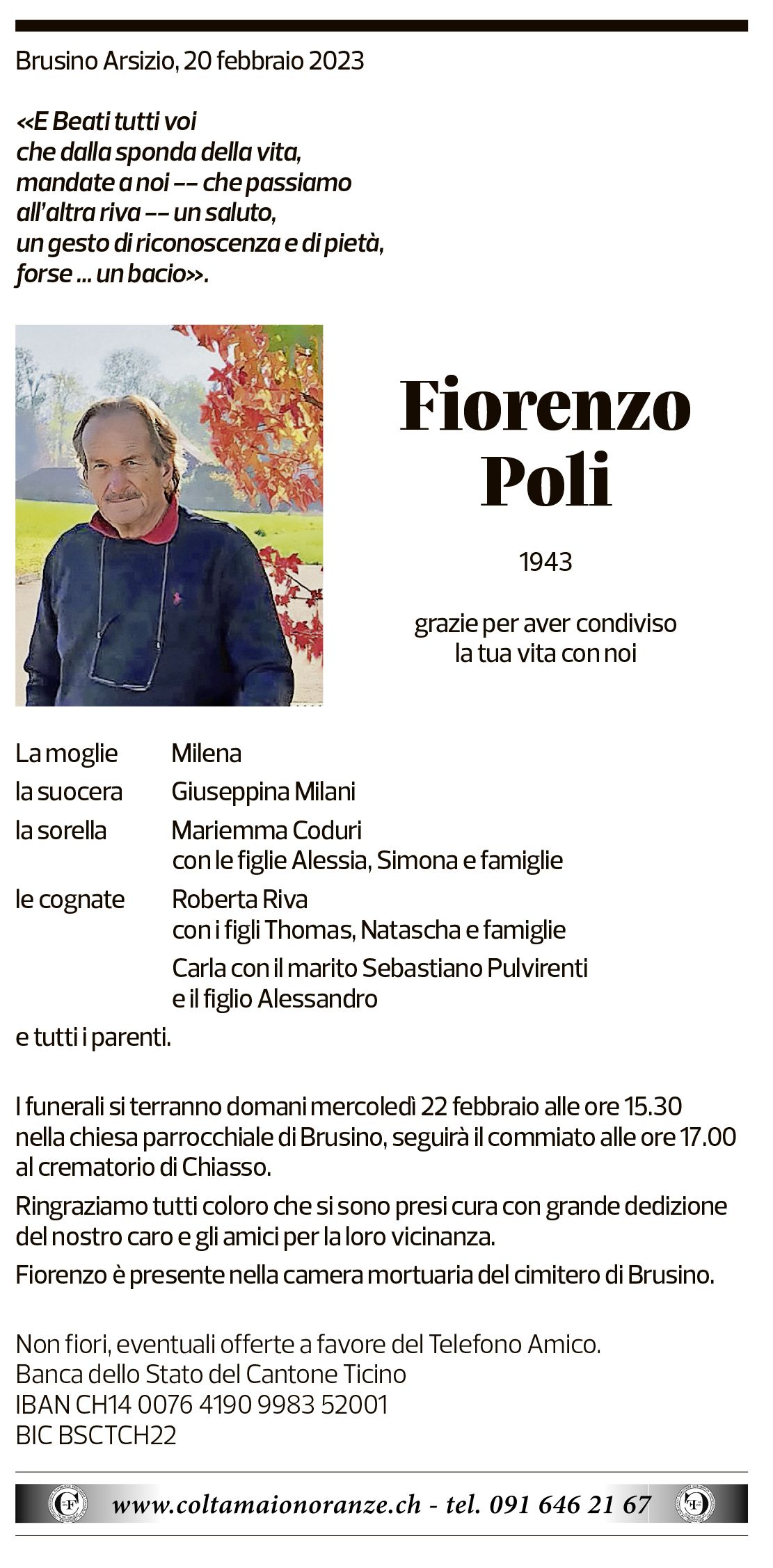 Annuncio funebre Fiorenzo Poli