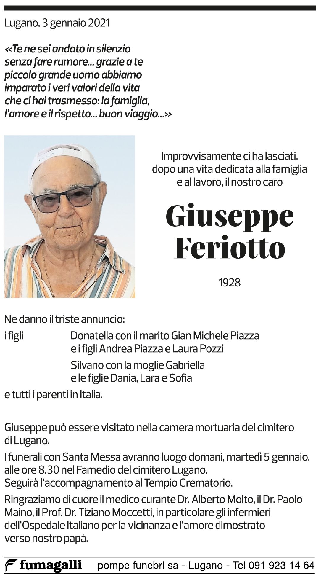 Annuncio funebre Giuseppe Feriotto