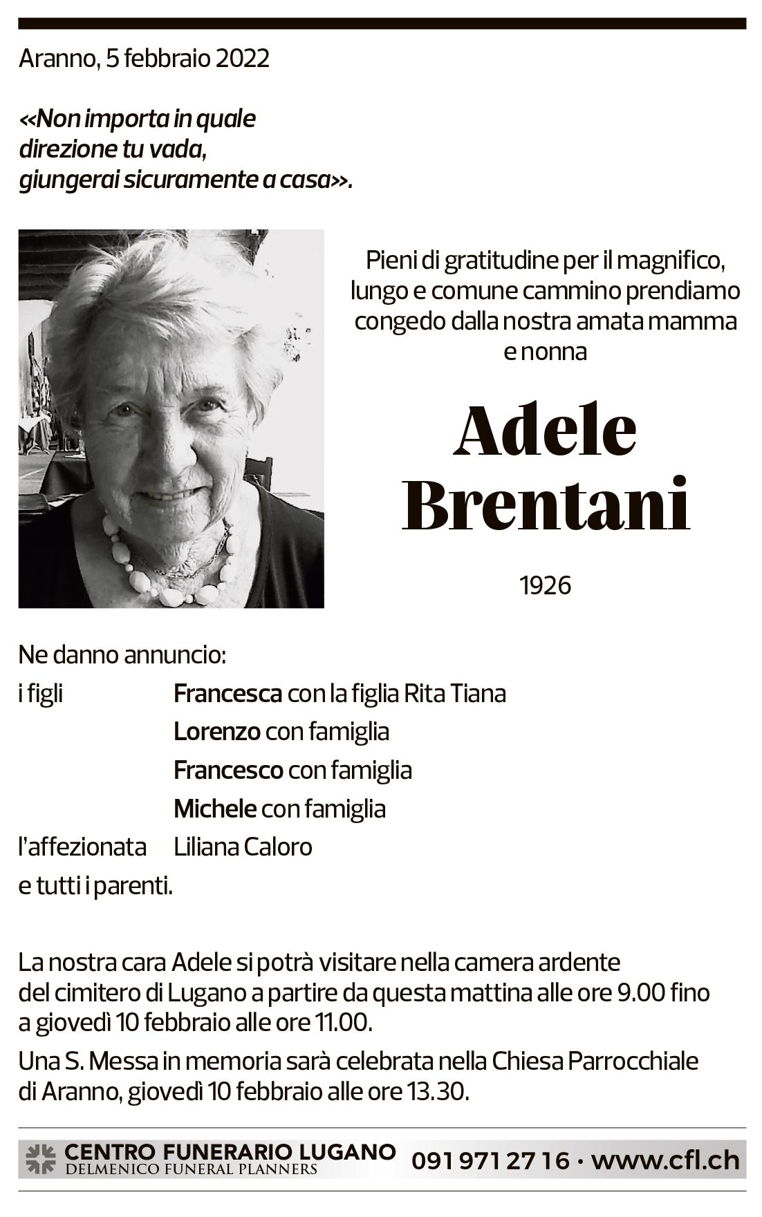 Annuncio funebre Adele Brentani