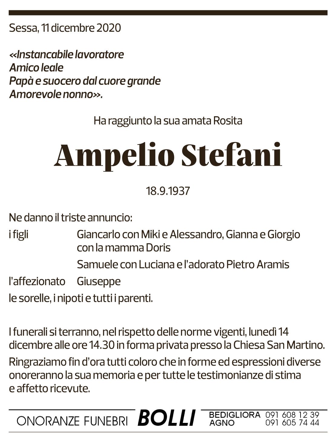 Annuncio funebre Ampelio Stefani
