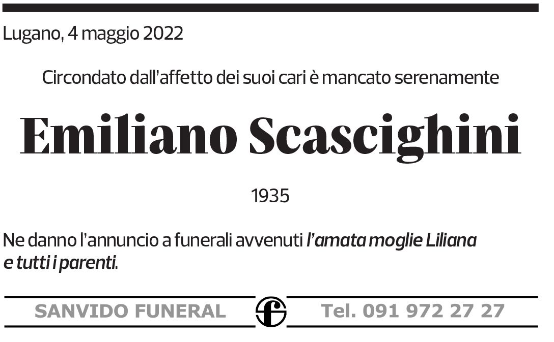 Annuncio funebre Emiliano Scascighini