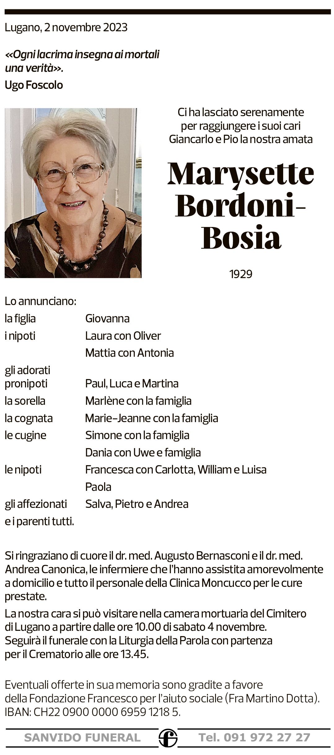 Annuncio funebre Marysette Bordoni-bosia