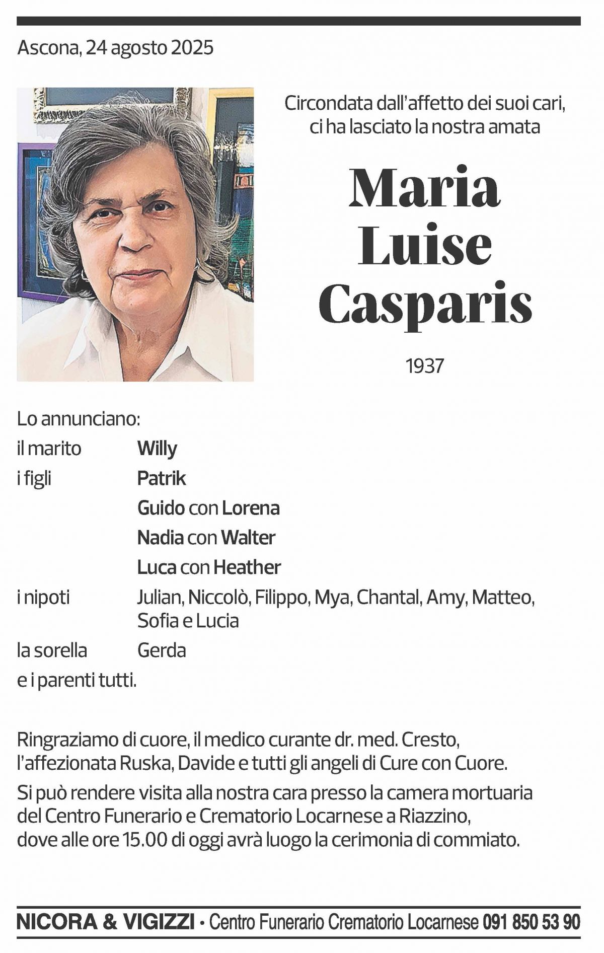 Annuncio funebre Maria Luise Casparis