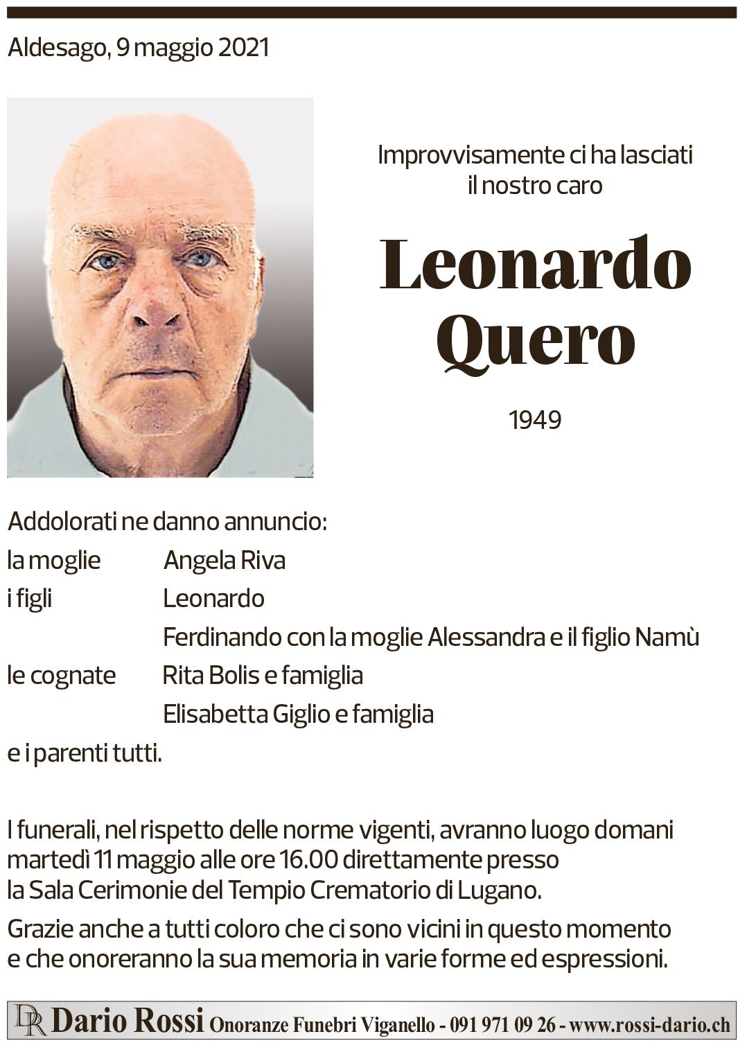 Annuncio funebre Leonardo Quero