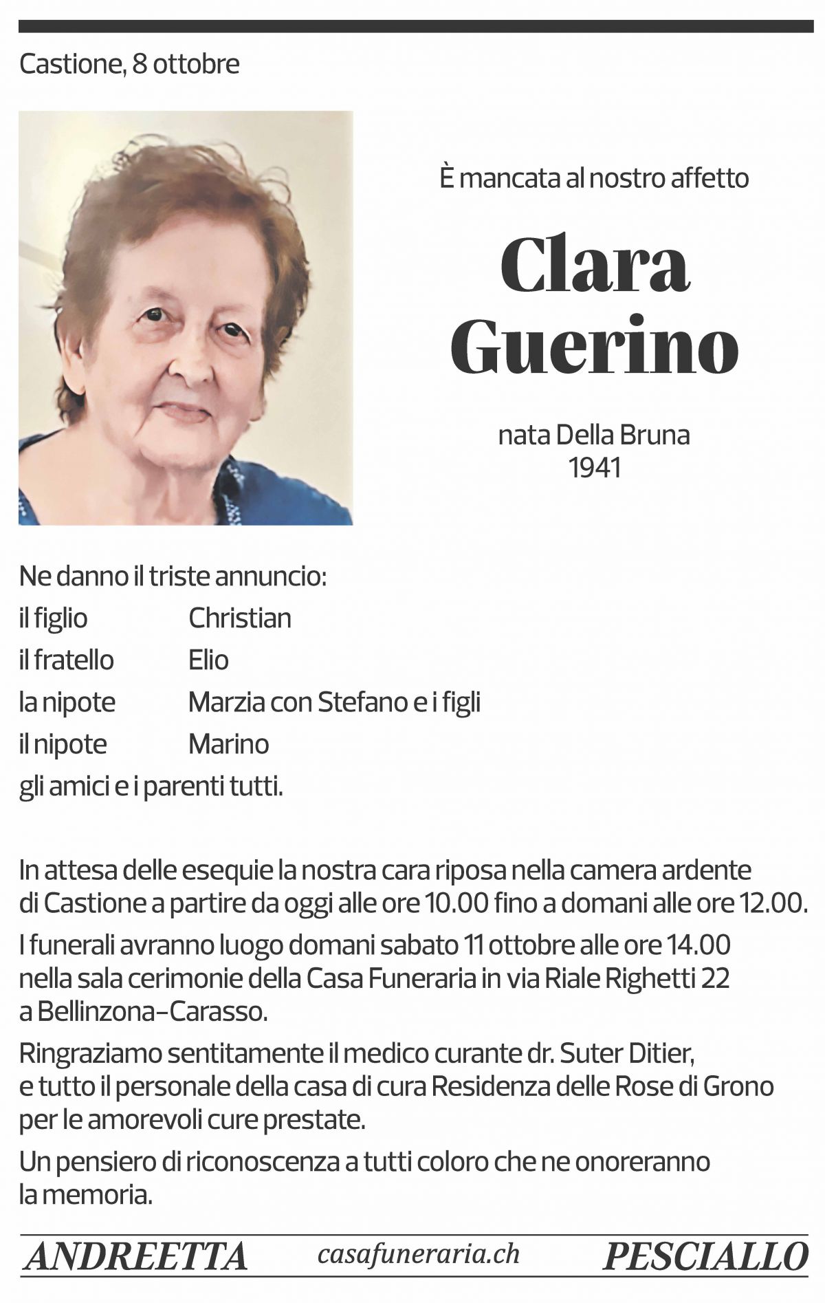 Annuncio funebre Clara Guerino