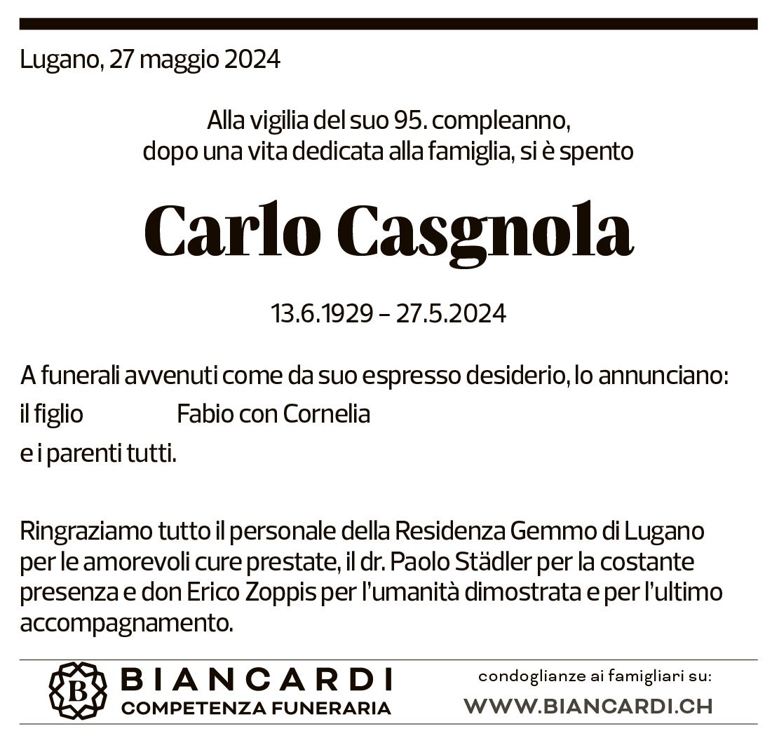 Annuncio funebre Carlo Casgnola