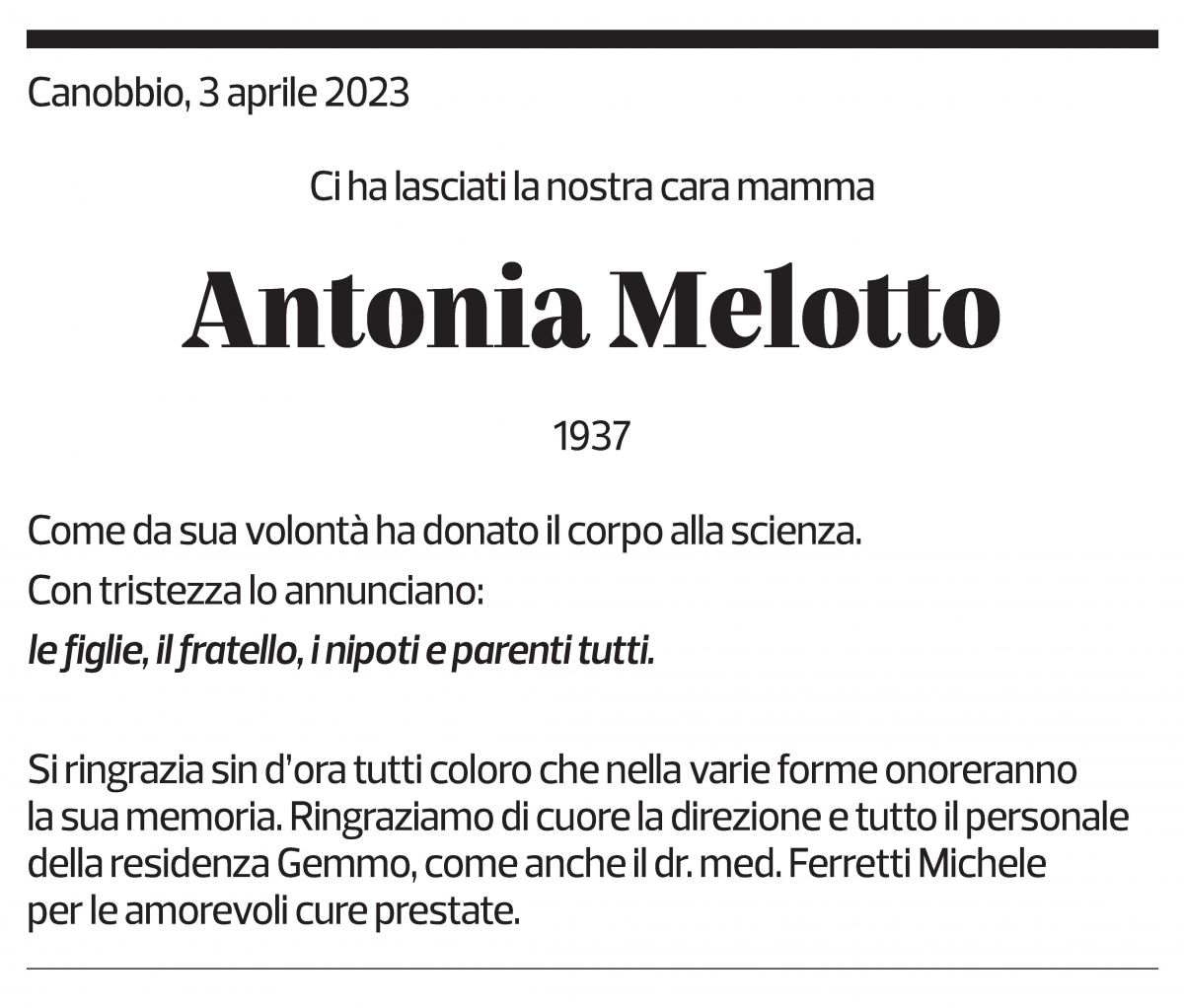 Annuncio funebre Antonia Melotto