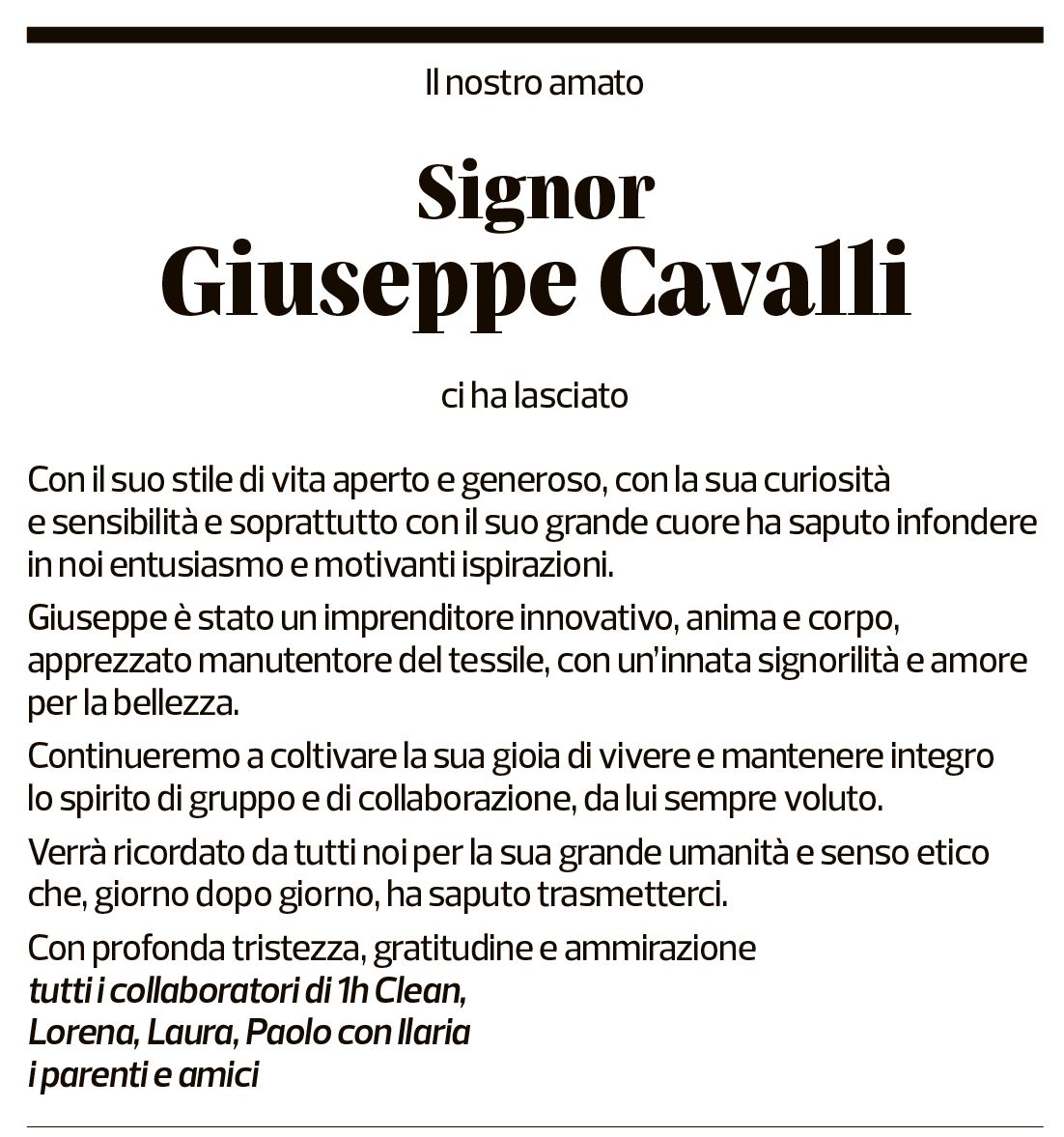 Annuncio funebre Giuseppe Cavalli